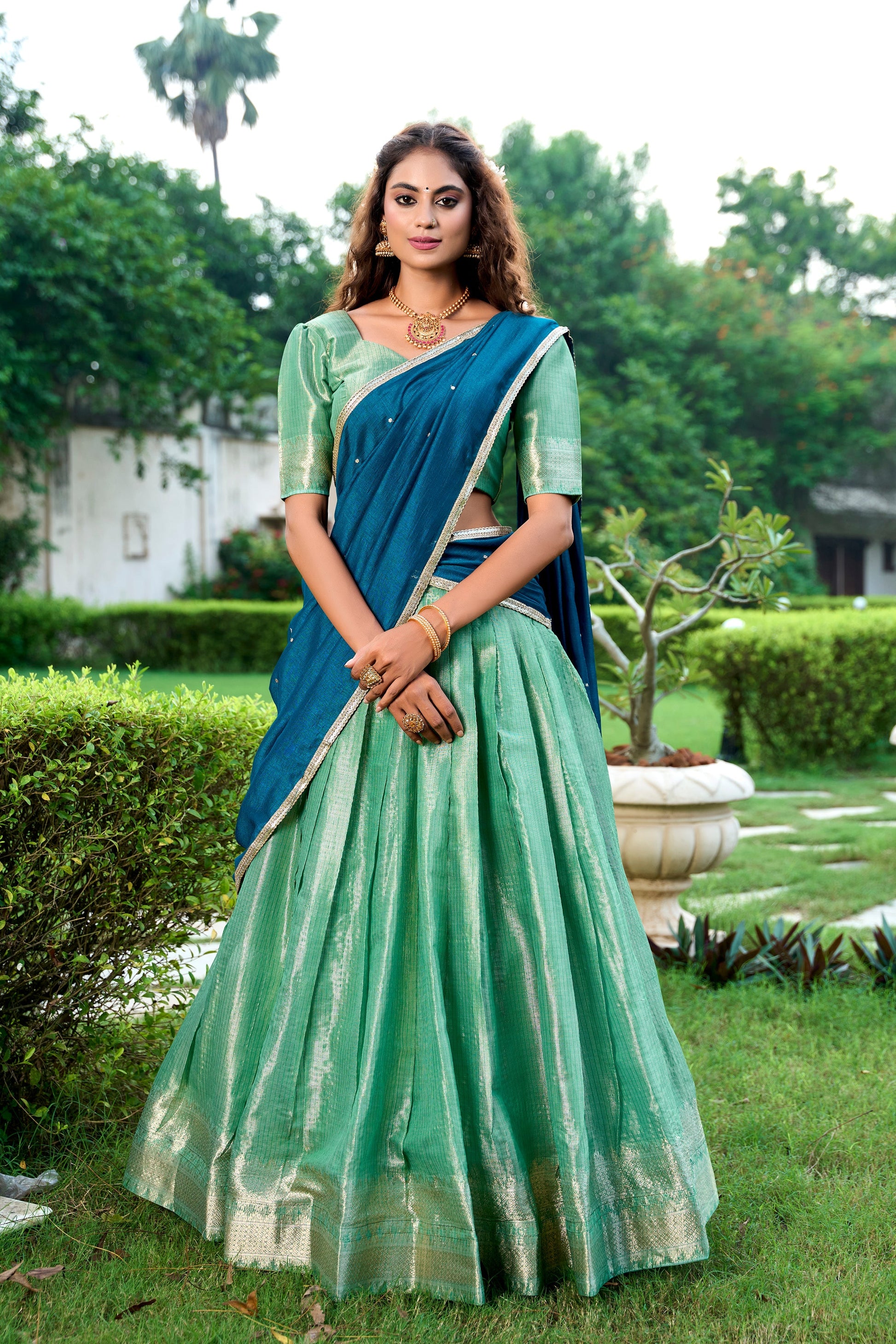 Lorenvalley Pista Kanchipuram Zari Weaving Work Lehenga Choli with Dupatta 