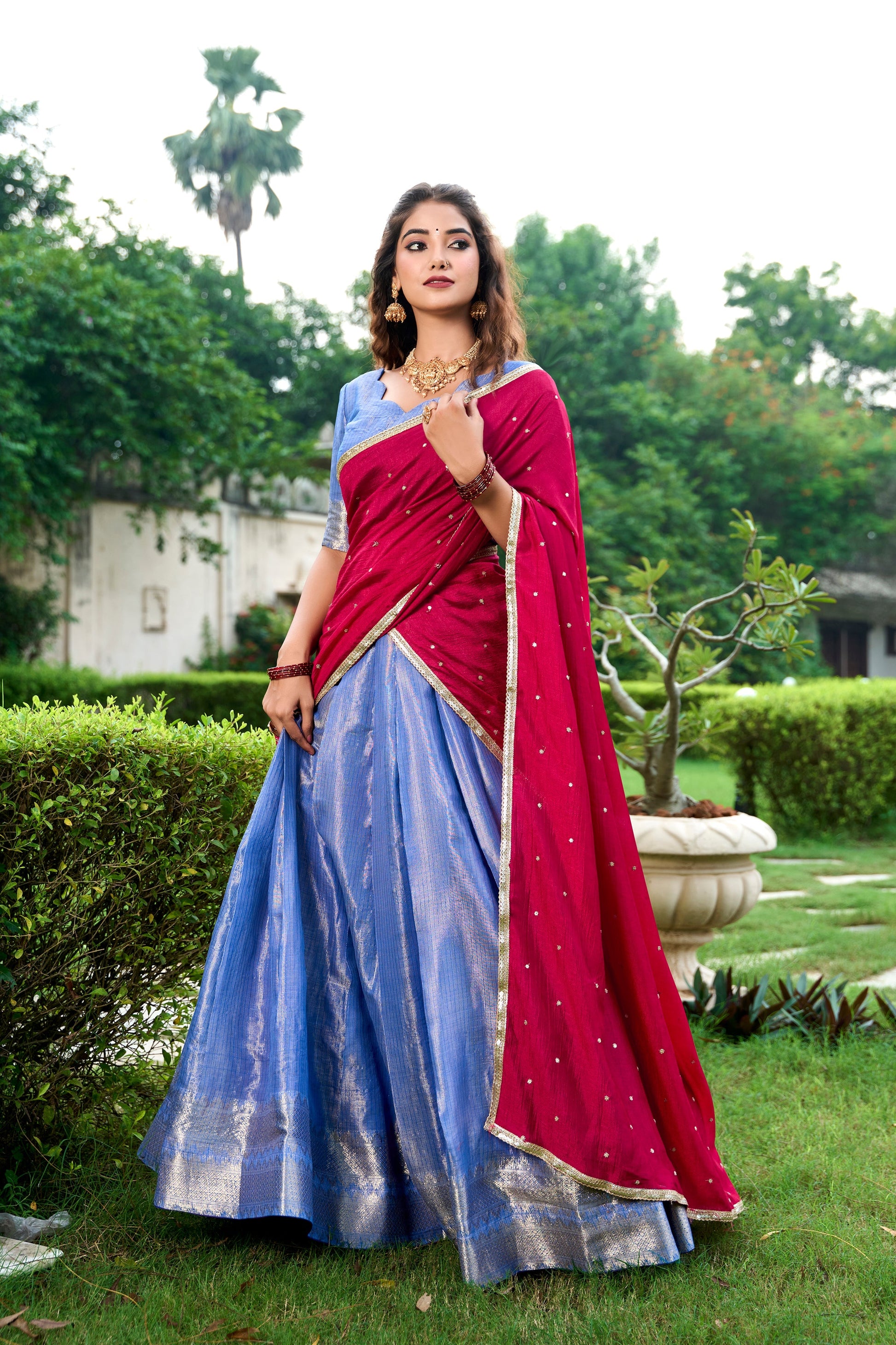 Lorenvalley Royal Blue Kanchipuram Zari Weaving Work Lehenga Choli with Dupatta 