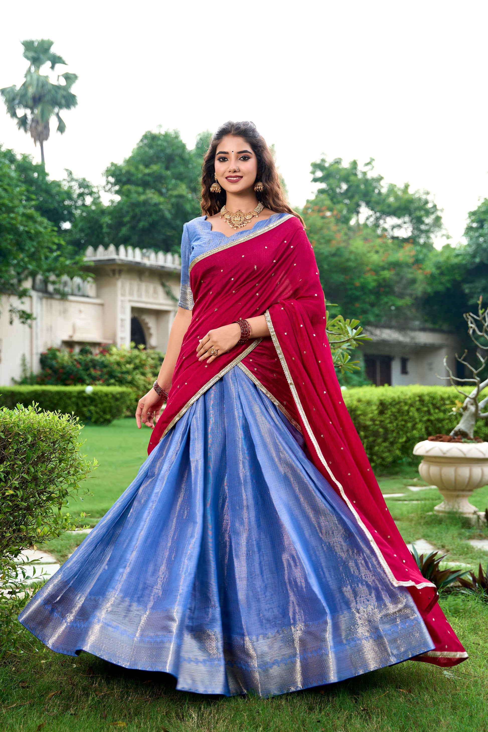 Lorenvalley Royal Blue Kanchipuram Zari Weaving Work Lehenga Choli with Dupatta 