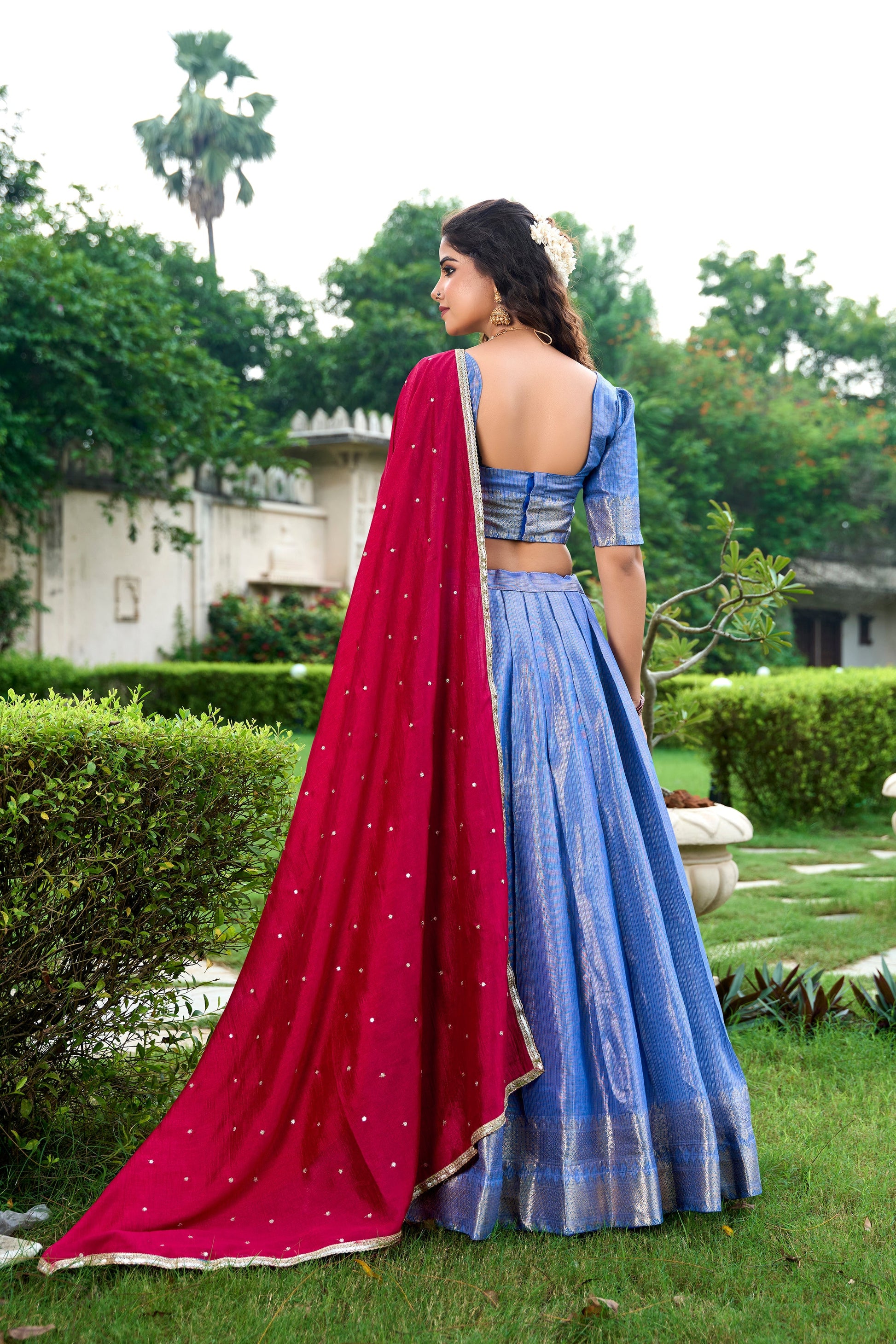 Lorenvalley Royal Blue Kanchipuram Zari Weaving Work Lehenga Choli with Dupatta 