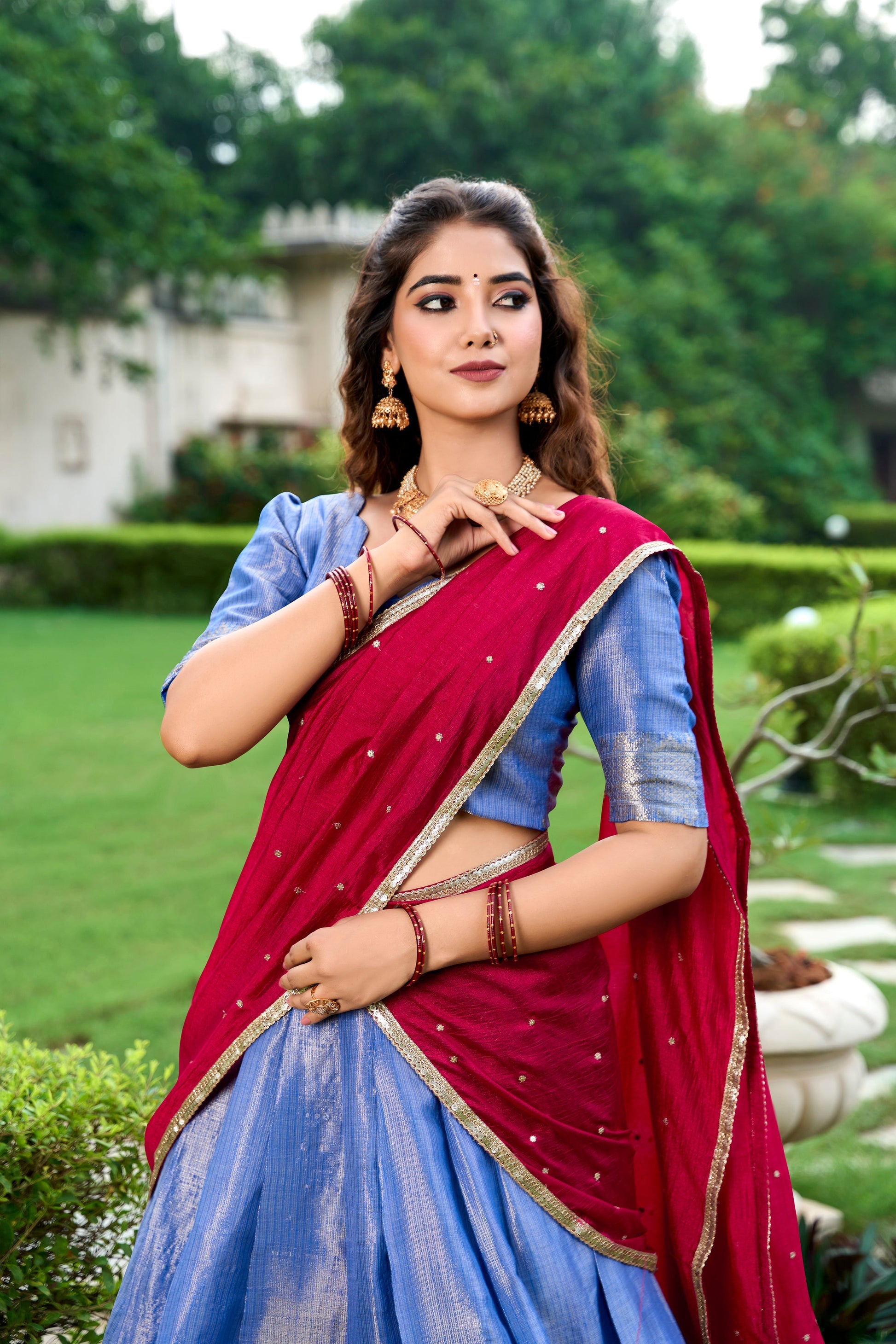 Lorenvalley Royal Blue Kanchipuram Zari Weaving Work Lehenga Choli with Dupatta 