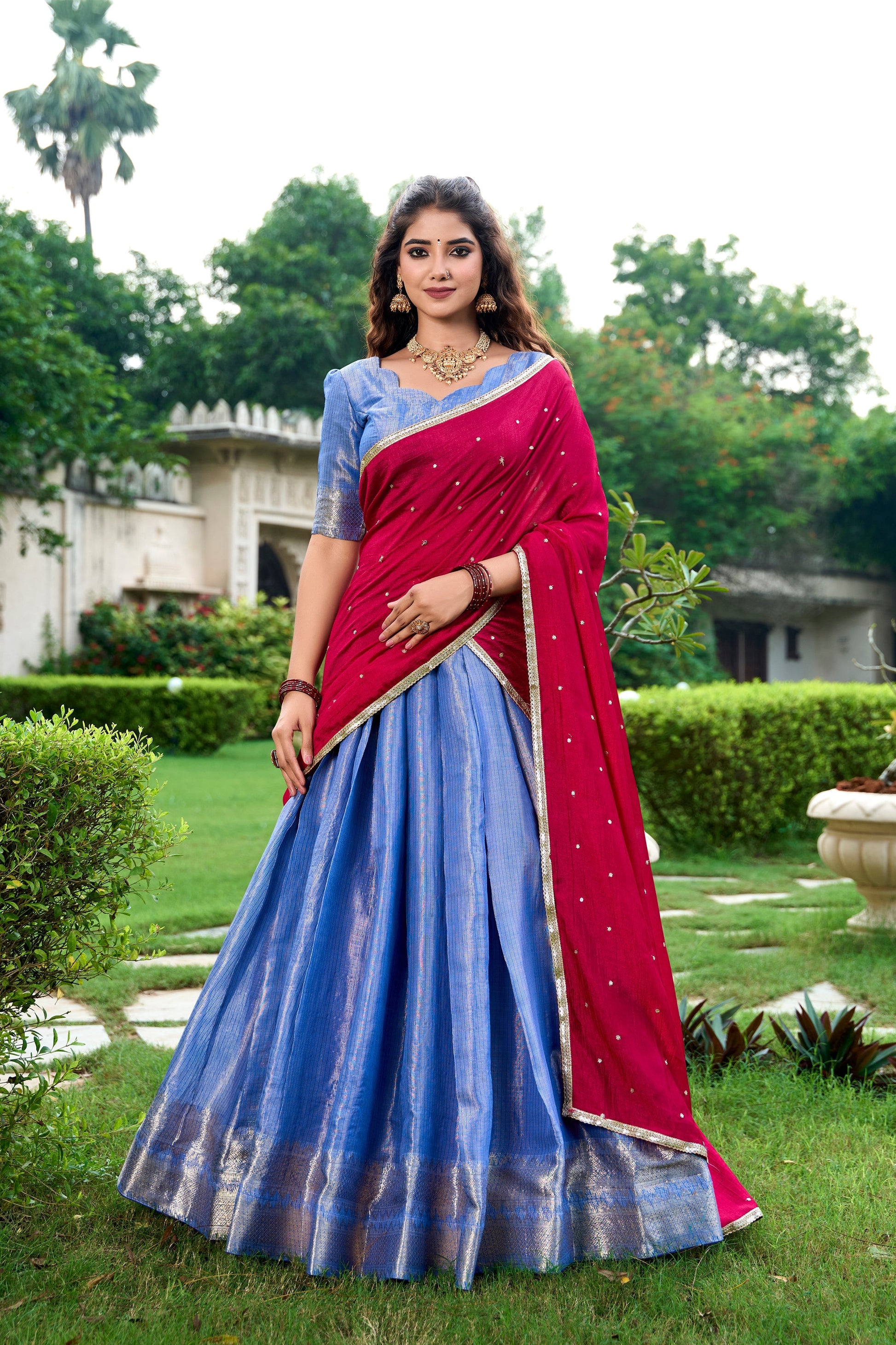Lorenvalley Royal Blue Kanchipuram Zari Weaving Work Lehenga Choli with Dupatta 