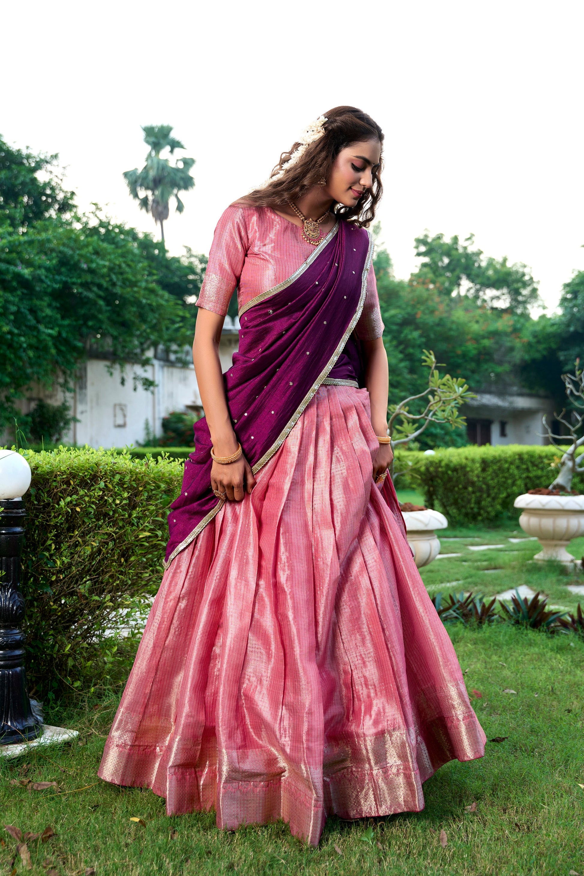 Lorenvalley Pink Kanchipuram Zari Weaving Work Lehenga Choli with Dupatta 
