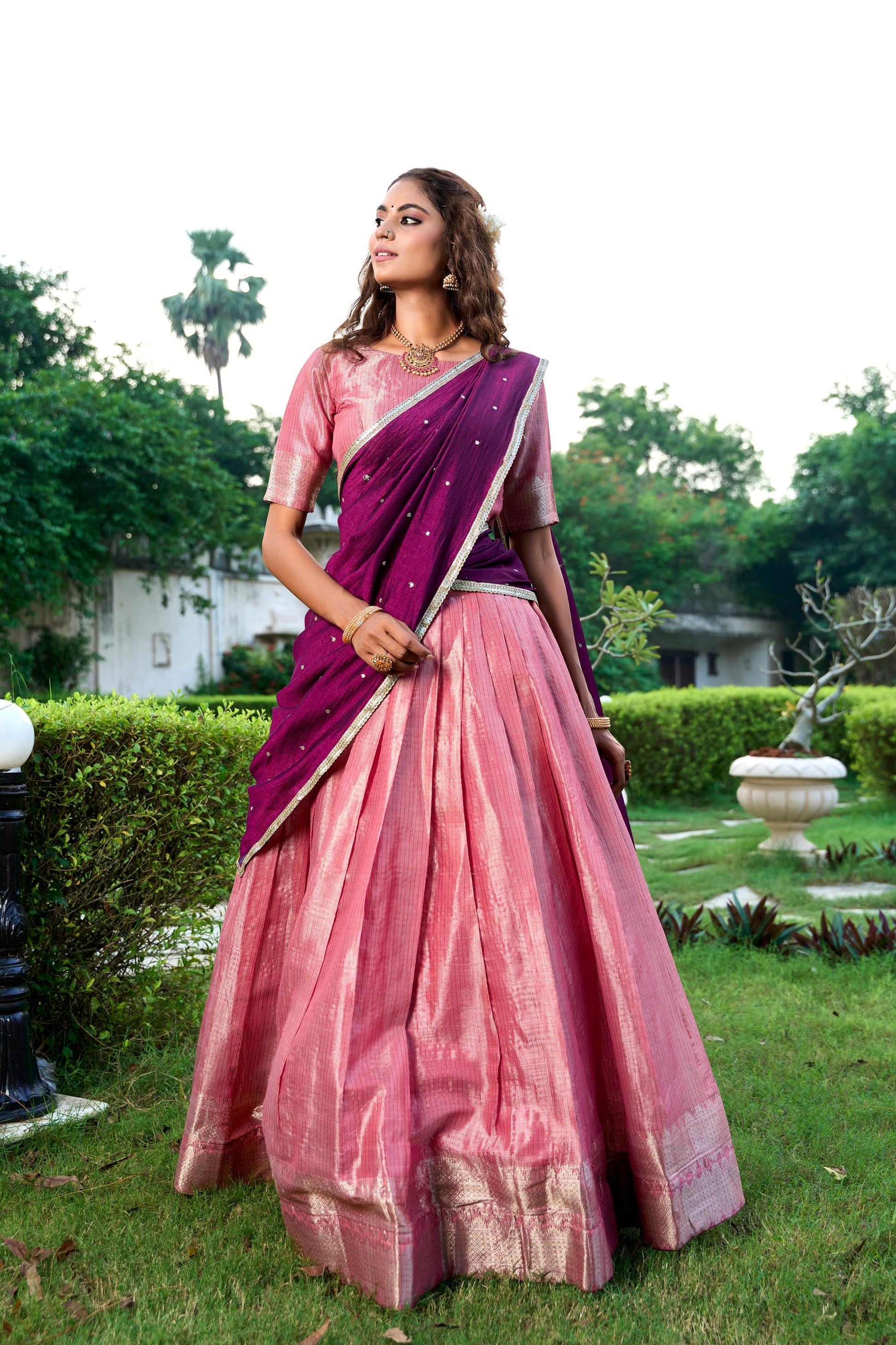 Lorenvalley Pink Kanchipuram Zari Weaving Work Lehenga Choli with Dupatta 