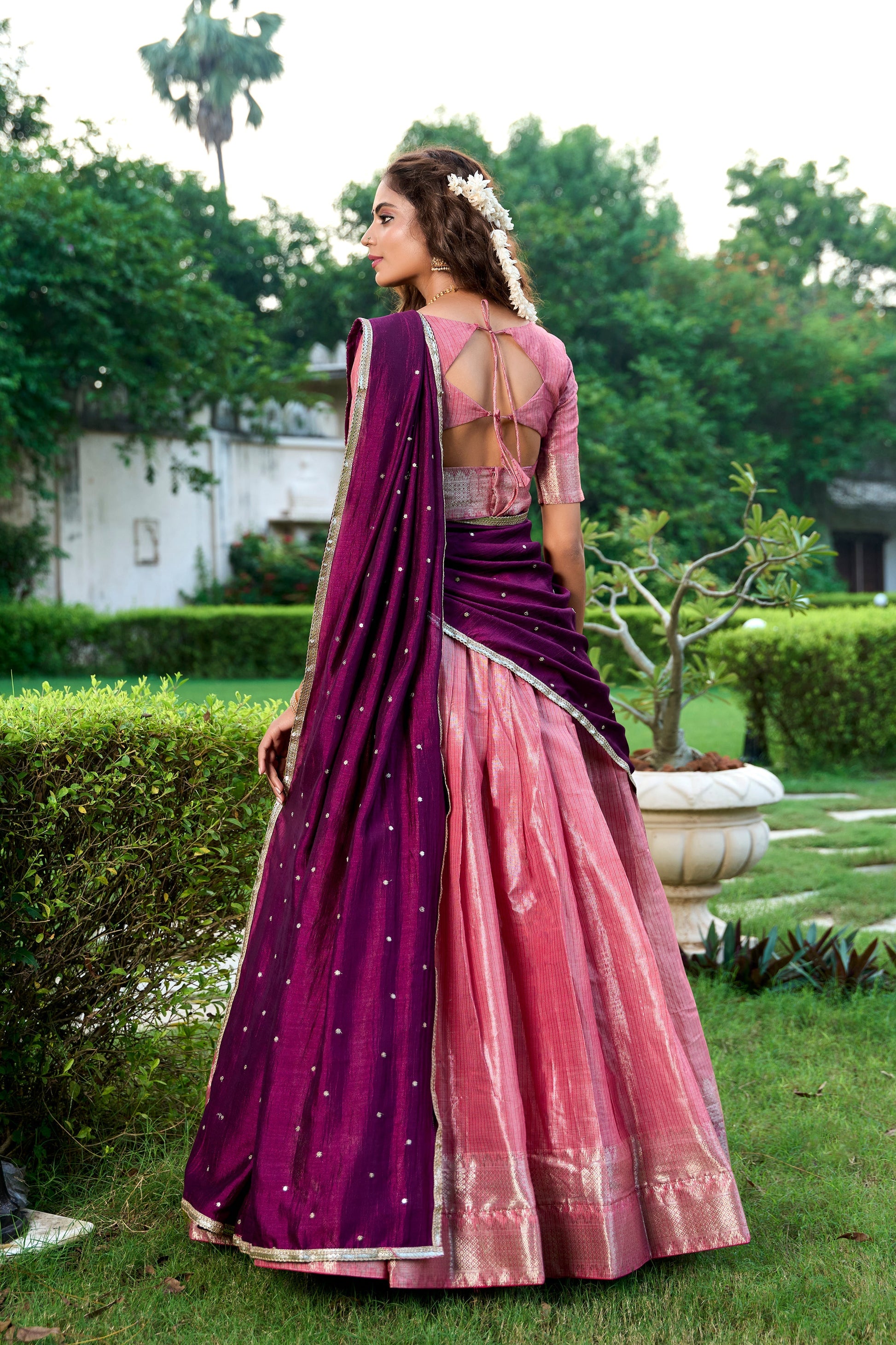 Lorenvalley Pink Kanchipuram Zari Weaving Work Lehenga Choli with Dupatta 