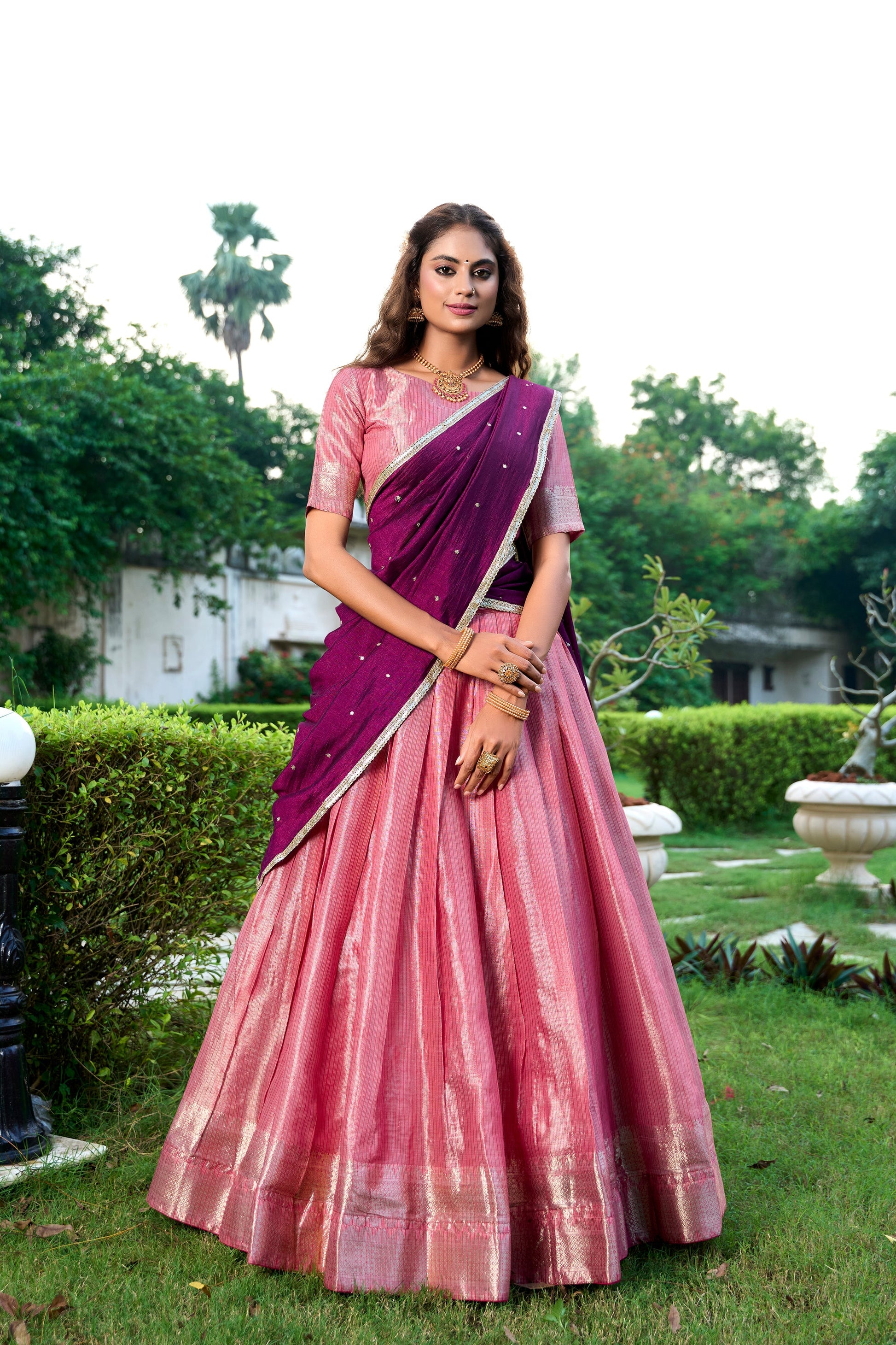 Lorenvalley Pink Kanchipuram Zari Weaving Work Lehenga Choli with Dupatta 