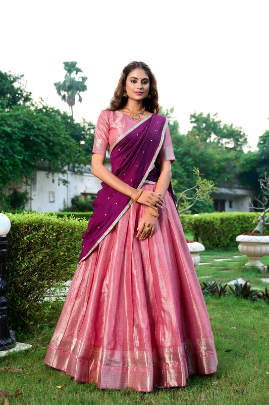 Lorenvalley Pink Kanchipuram Zari Weaving Work Lehenga Choli with Dupatta 