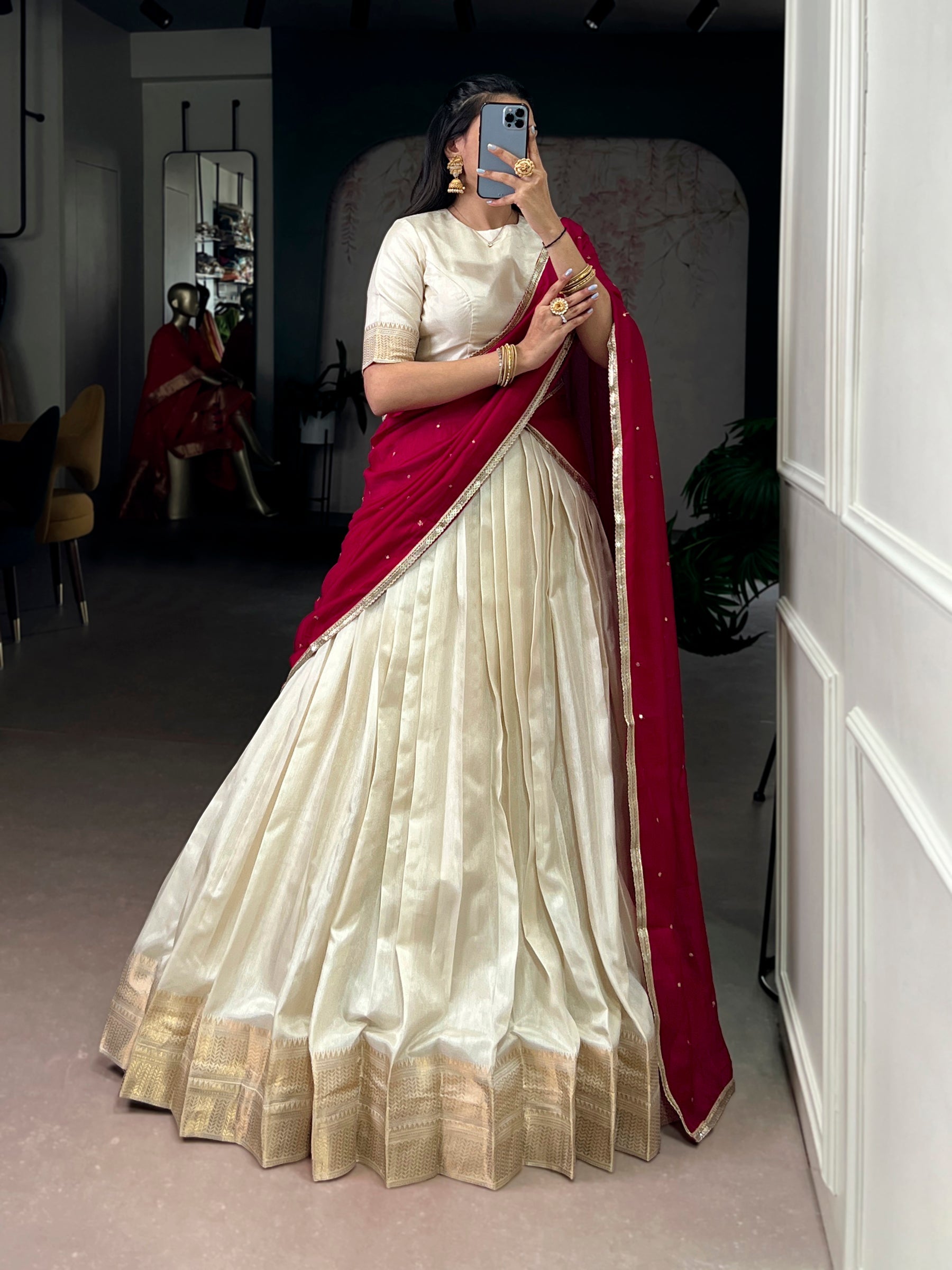 Lorenvalley Fashion Offwhite Dola Silk Zari Weaving Border Lehenga Choli with Dupatta