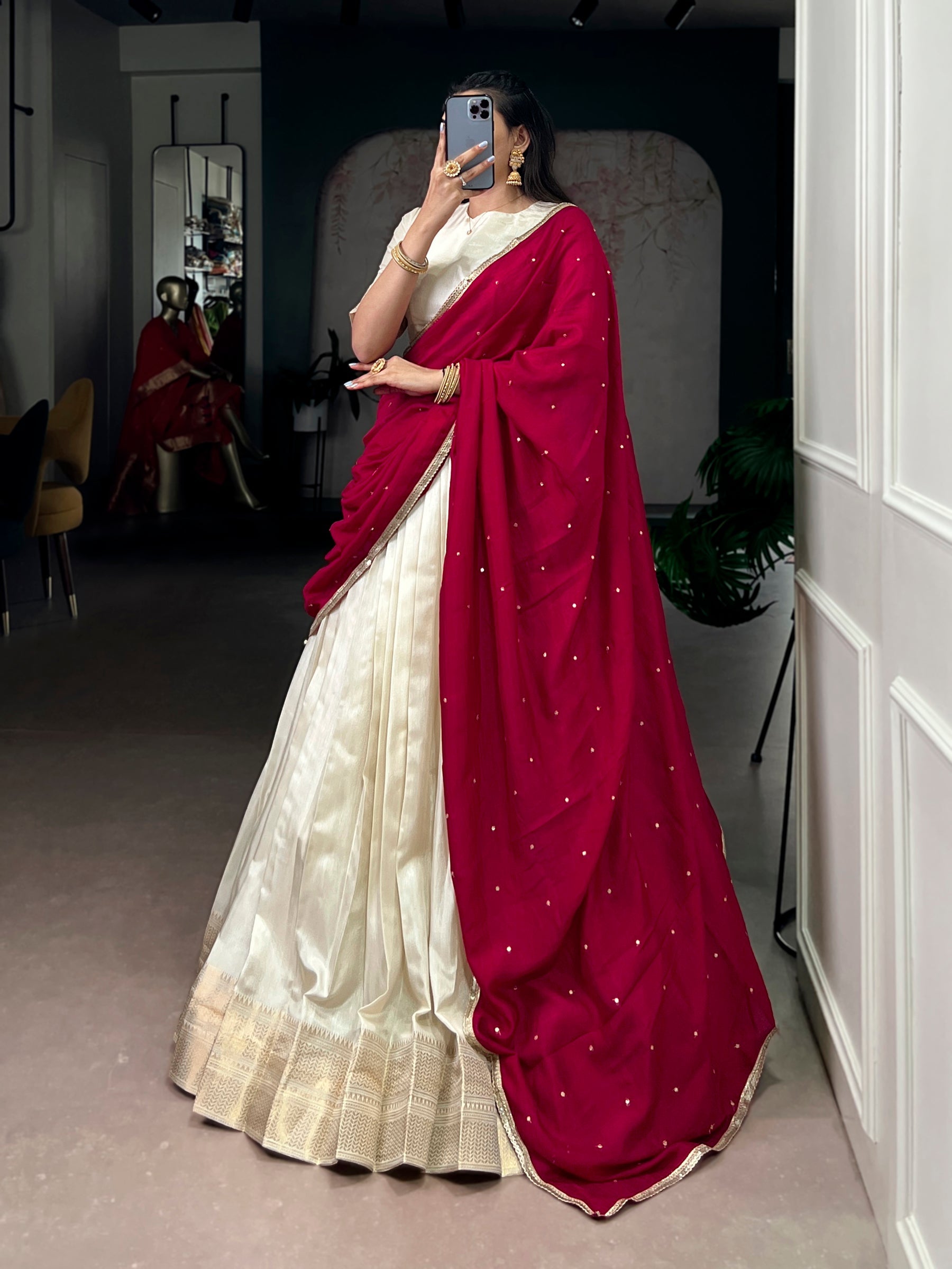 Lorenvalley Fashion Offwhite Dola Silk Zari Weaving Border Lehenga Choli with Dupatta
