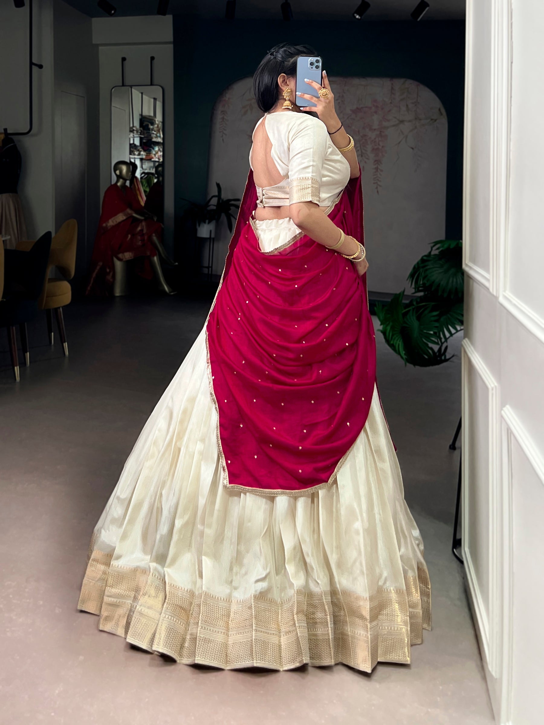 Lorenvalley Fashion Offwhite Dola Silk Zari Weaving Border Lehenga Choli with Dupatta