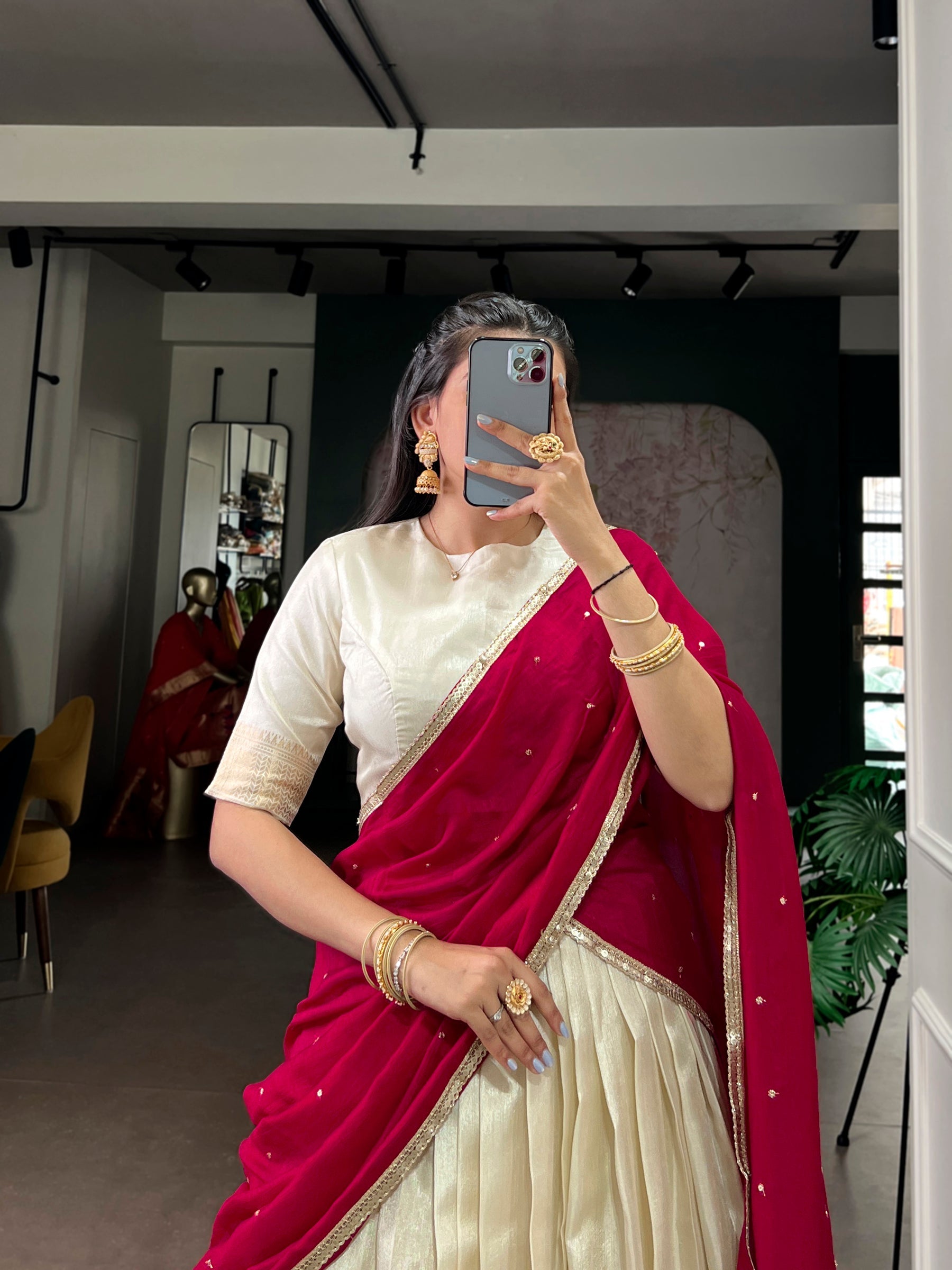 Lorenvalley Fashion Offwhite Dola Silk Zari Weaving Border Lehenga Choli with Dupatta