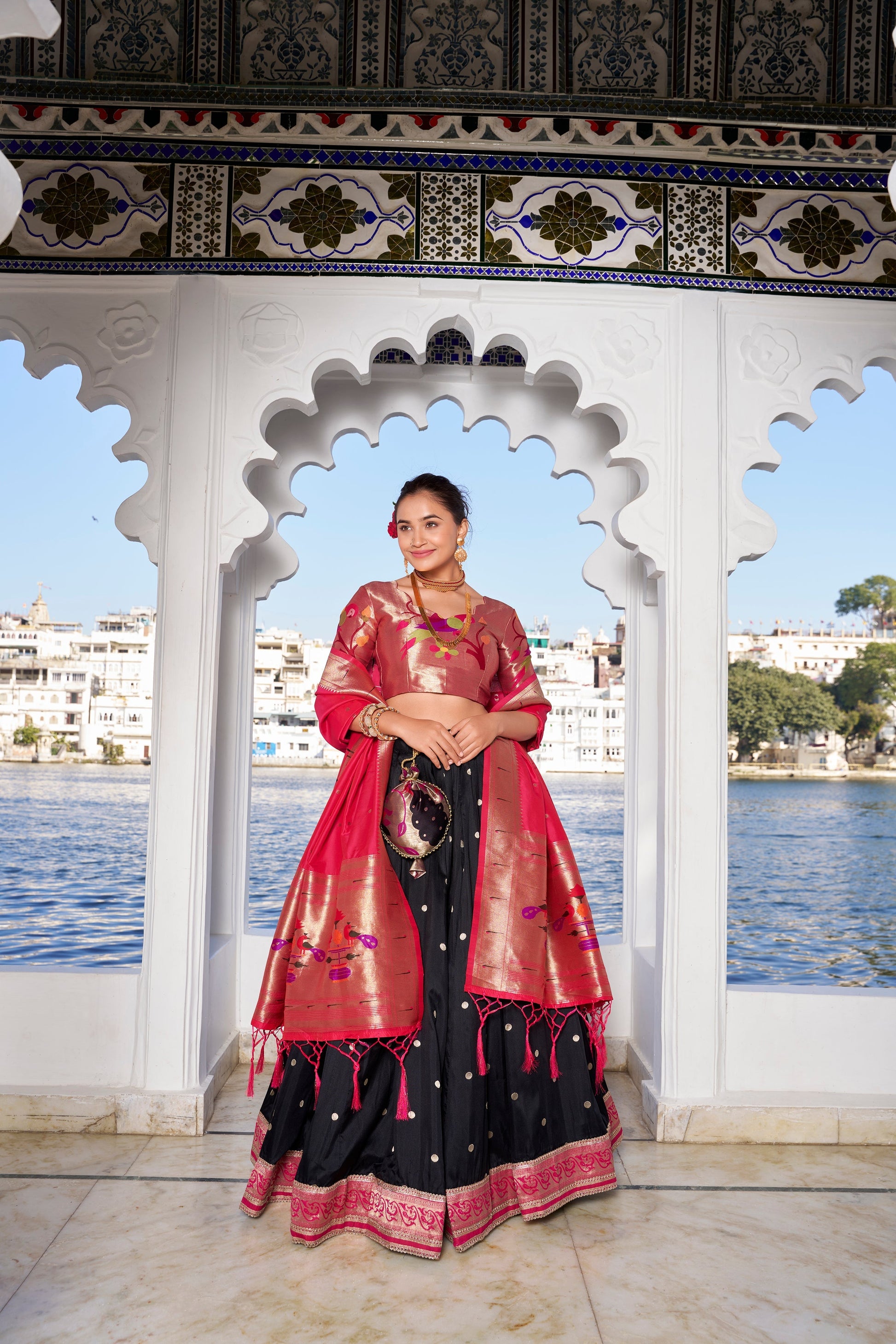 Lorenvalley Black Jacquard Silk Paithani Weaving Zari Work with Lace Touch Up Lehenga Choli with Dupatta 