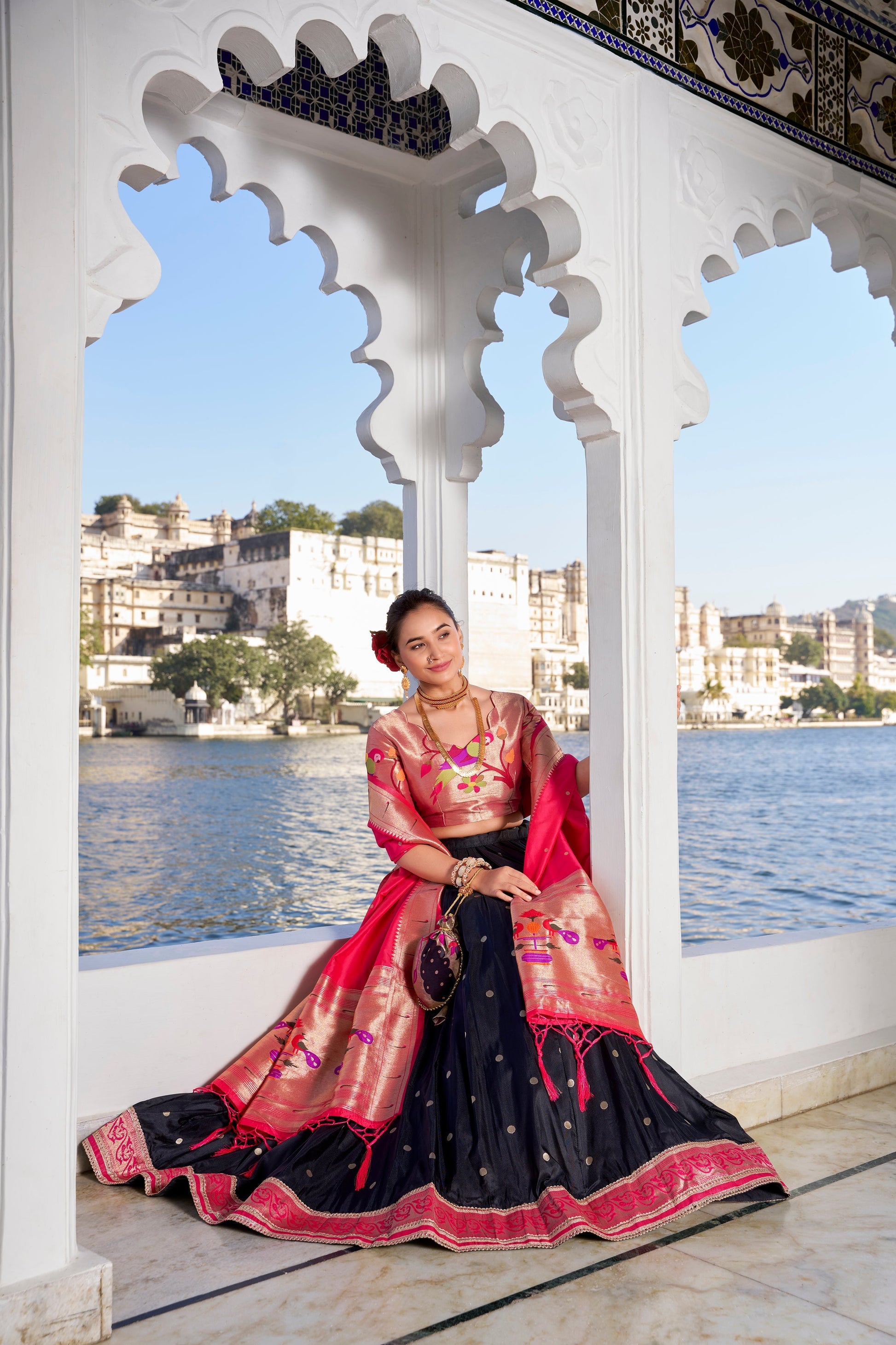 Lorenvalley Black Jacquard Silk Paithani Weaving Zari Work with Lace Touch Up Lehenga Choli with Dupatta 