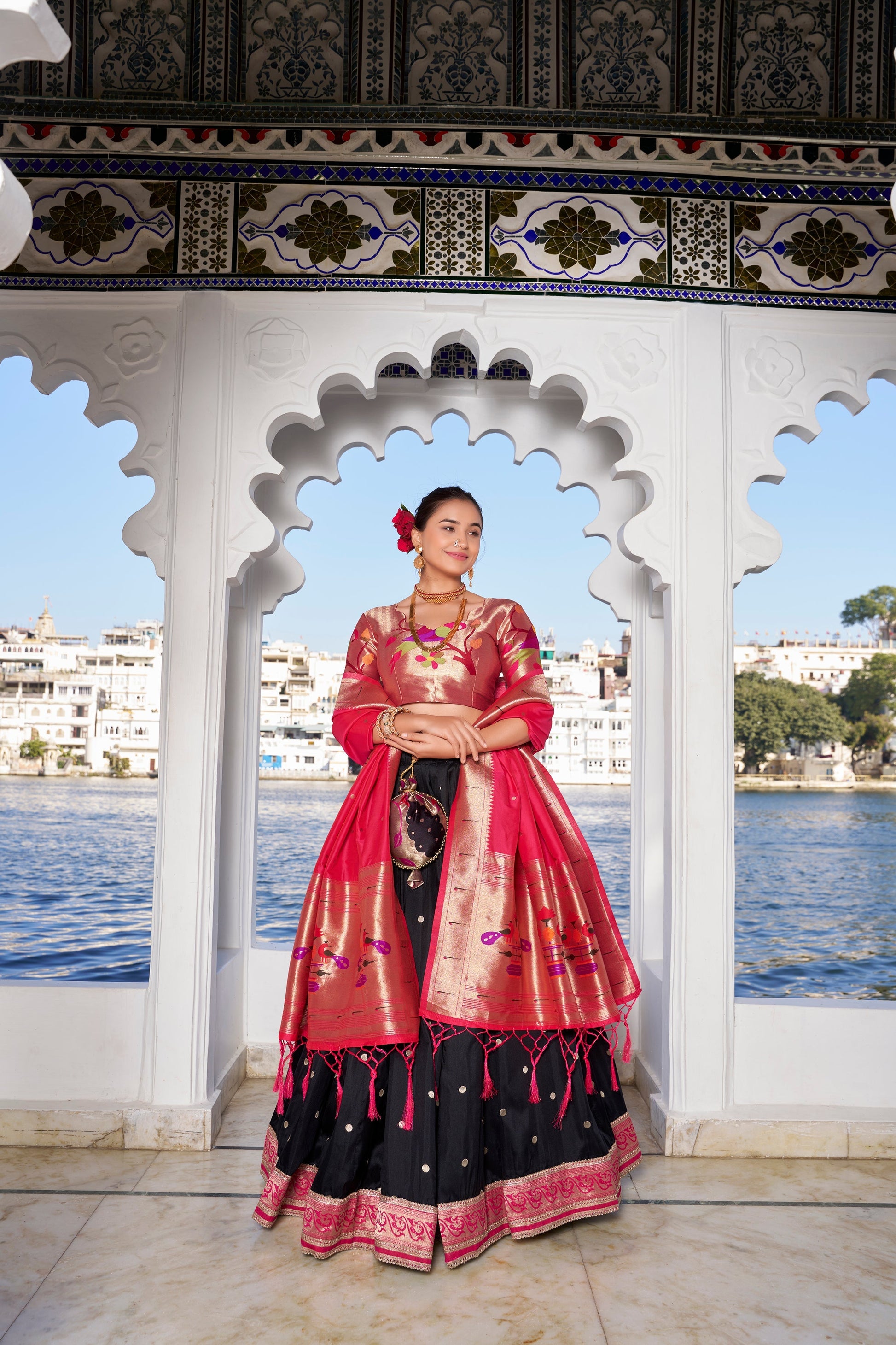 Lorenvalley Black Jacquard Silk Paithani Weaving Zari Work with Lace Touch Up Lehenga Choli with Dupatta 