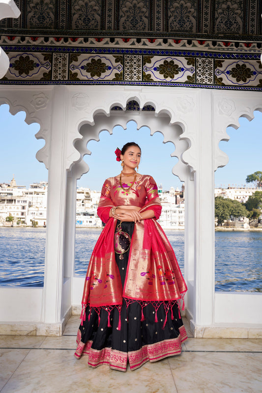 Lorenvalley Black Jacquard Silk Paithani Weaving Zari Work with Lace Touch Up Lehenga Choli with Dupatta 