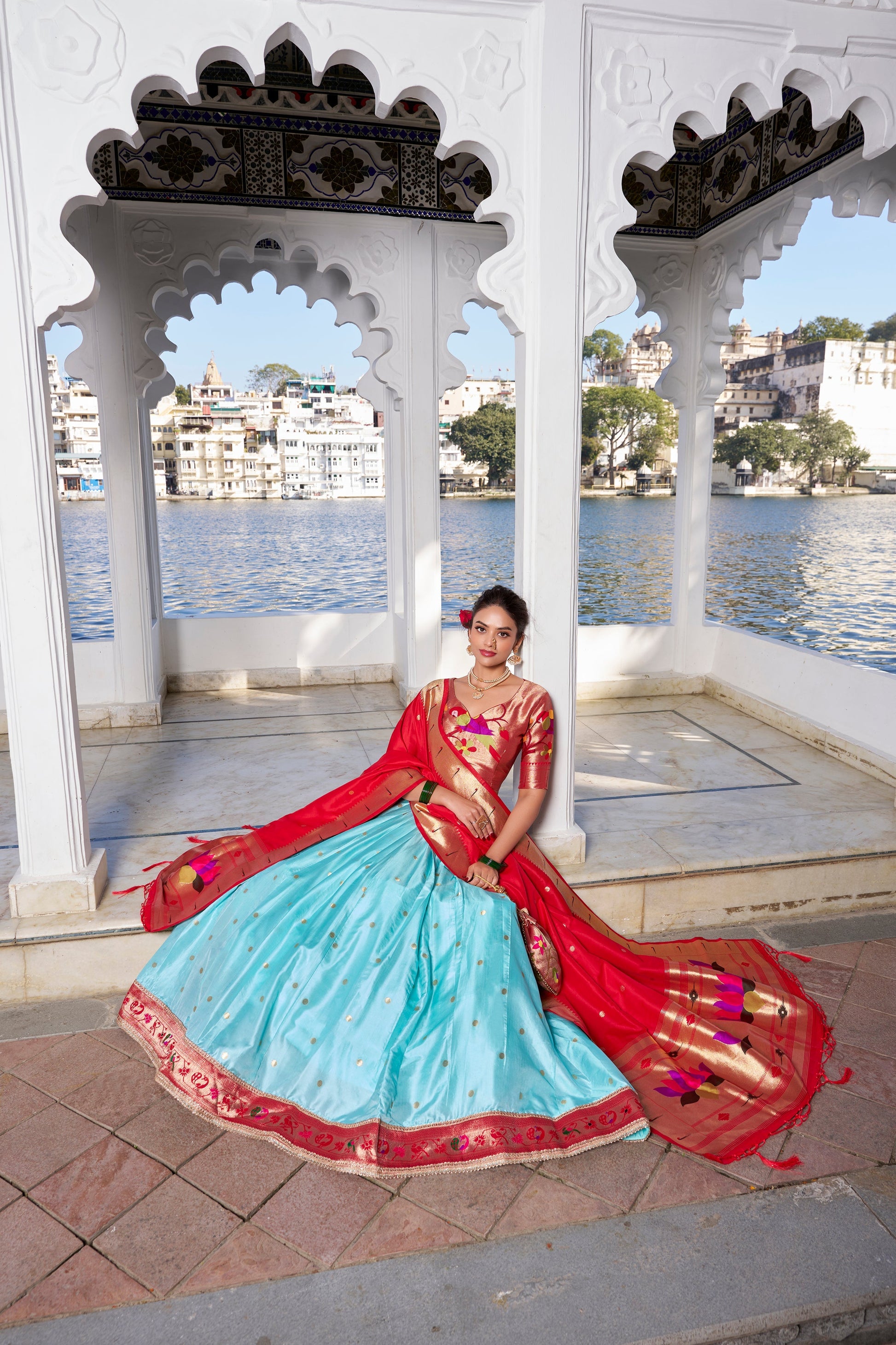Lorenvalley Sky Blue Jacquard Silk Paithani Weaving Zari Work with Lace Touch Up Lehenga Choli with Dupatta 