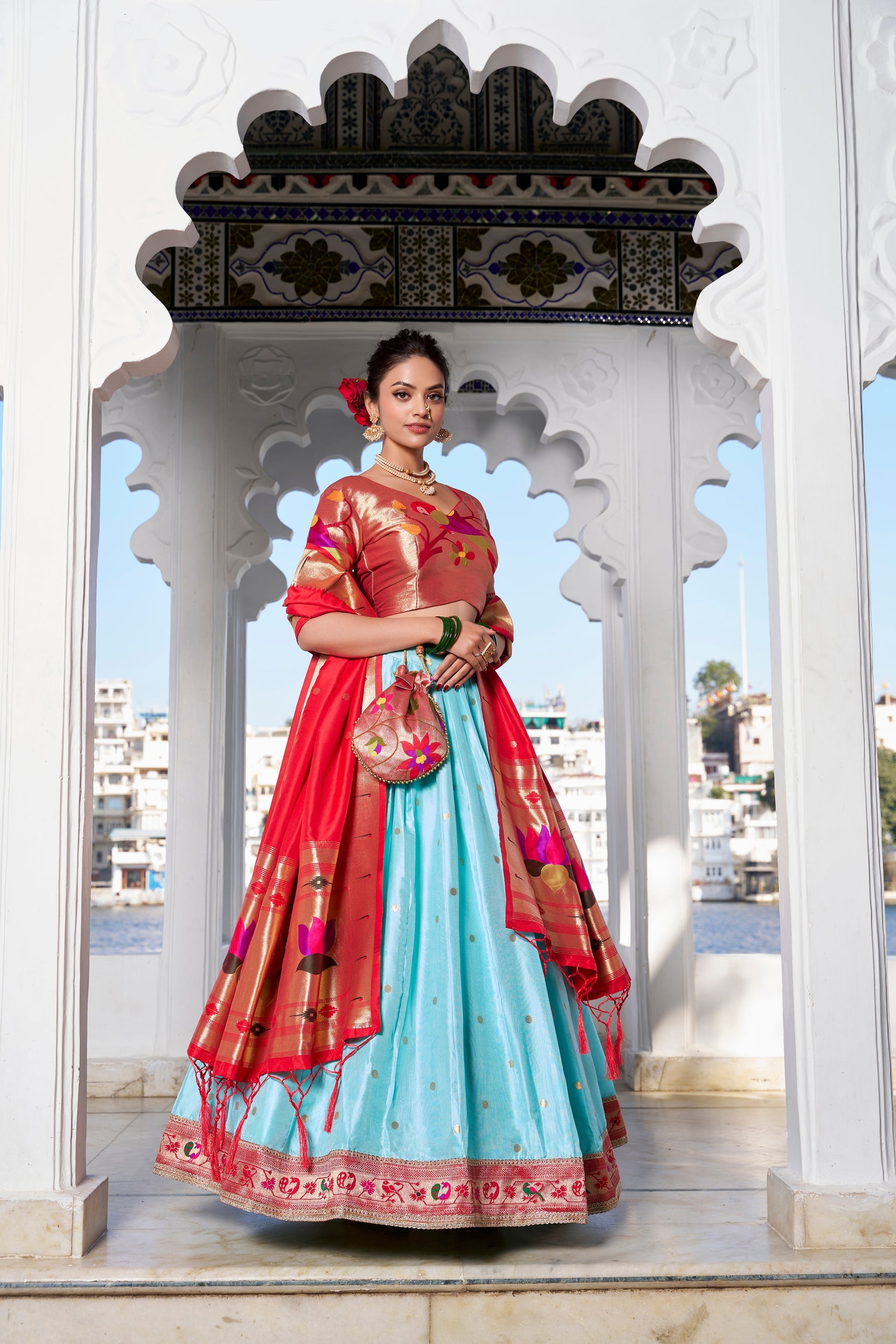 Lorenvalley Sky Blue Jacquard Silk Paithani Weaving Zari Work with Lace Touch Up Lehenga Choli with Dupatta 