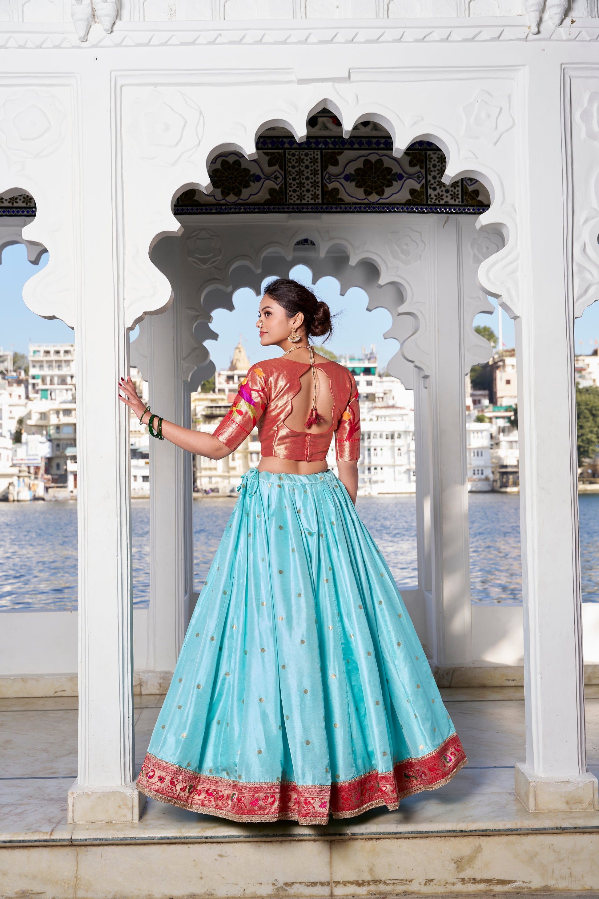 Lorenvalley Sky Blue Jacquard Silk Paithani Weaving Zari Work with Lace Touch Up Lehenga Choli with Dupatta 