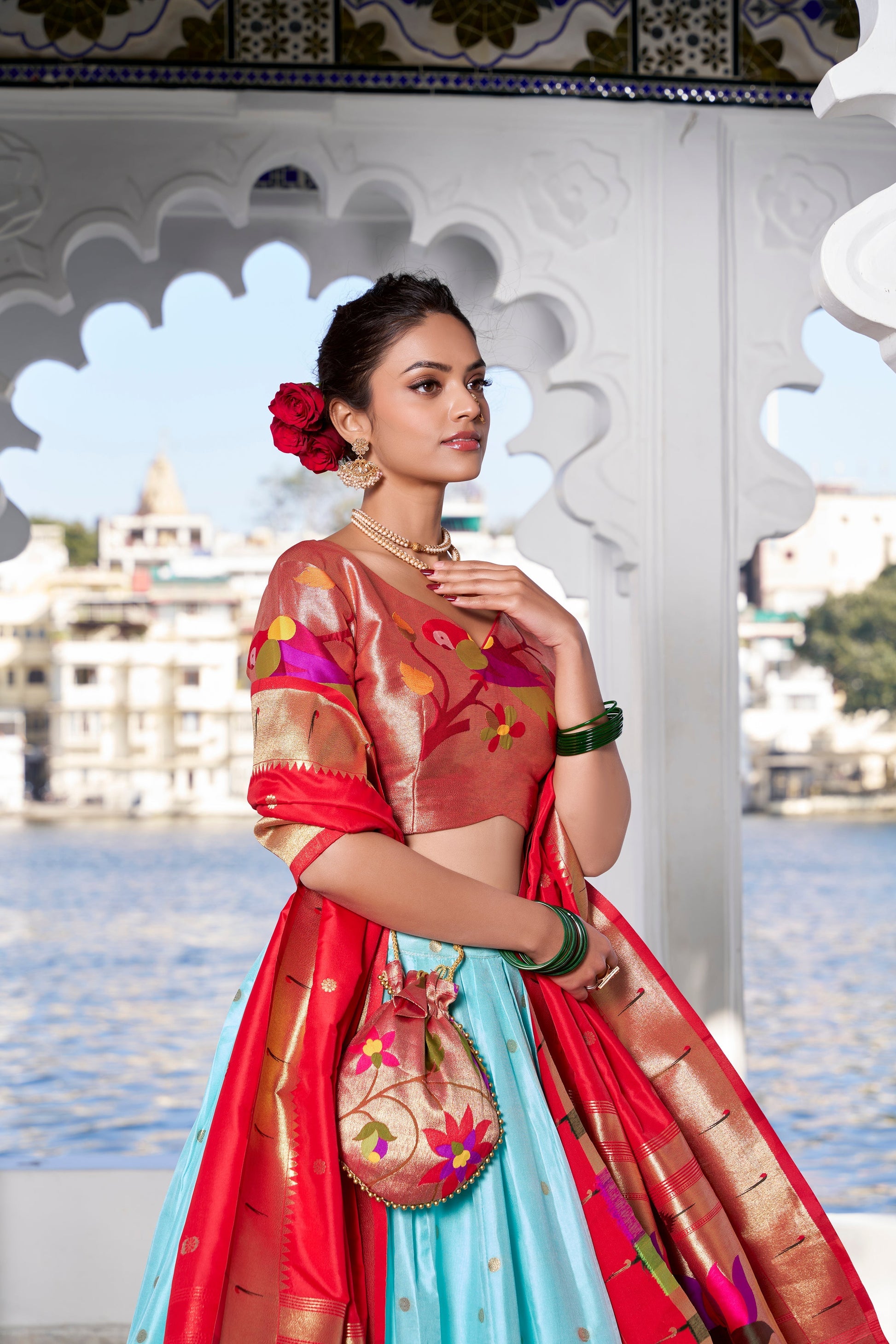 Lorenvalley Sky Blue Jacquard Silk Paithani Weaving Zari Work with Lace Touch Up Lehenga Choli with Dupatta 