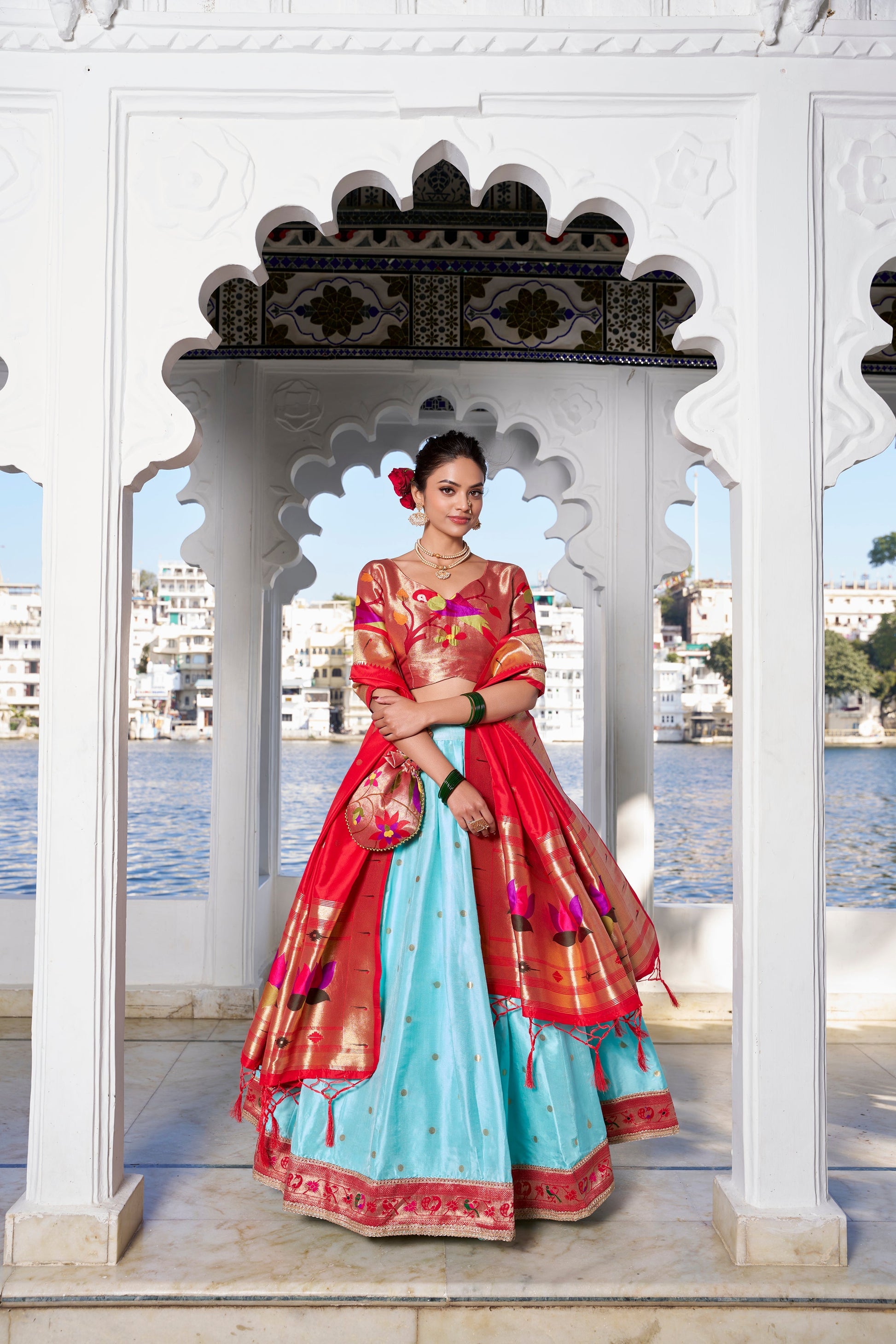 Lorenvalley Sky Blue Jacquard Silk Paithani Weaving Zari Work with Lace Touch Up Lehenga Choli with Dupatta 
