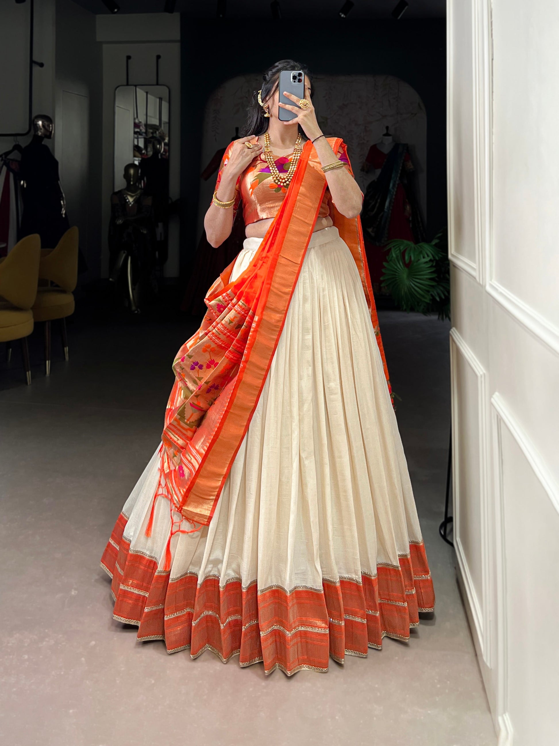 Lorenvalley Fashion Off White Vichitra Silk Zari Weaving With Lace Border Lehenga Choli with Dupatta 