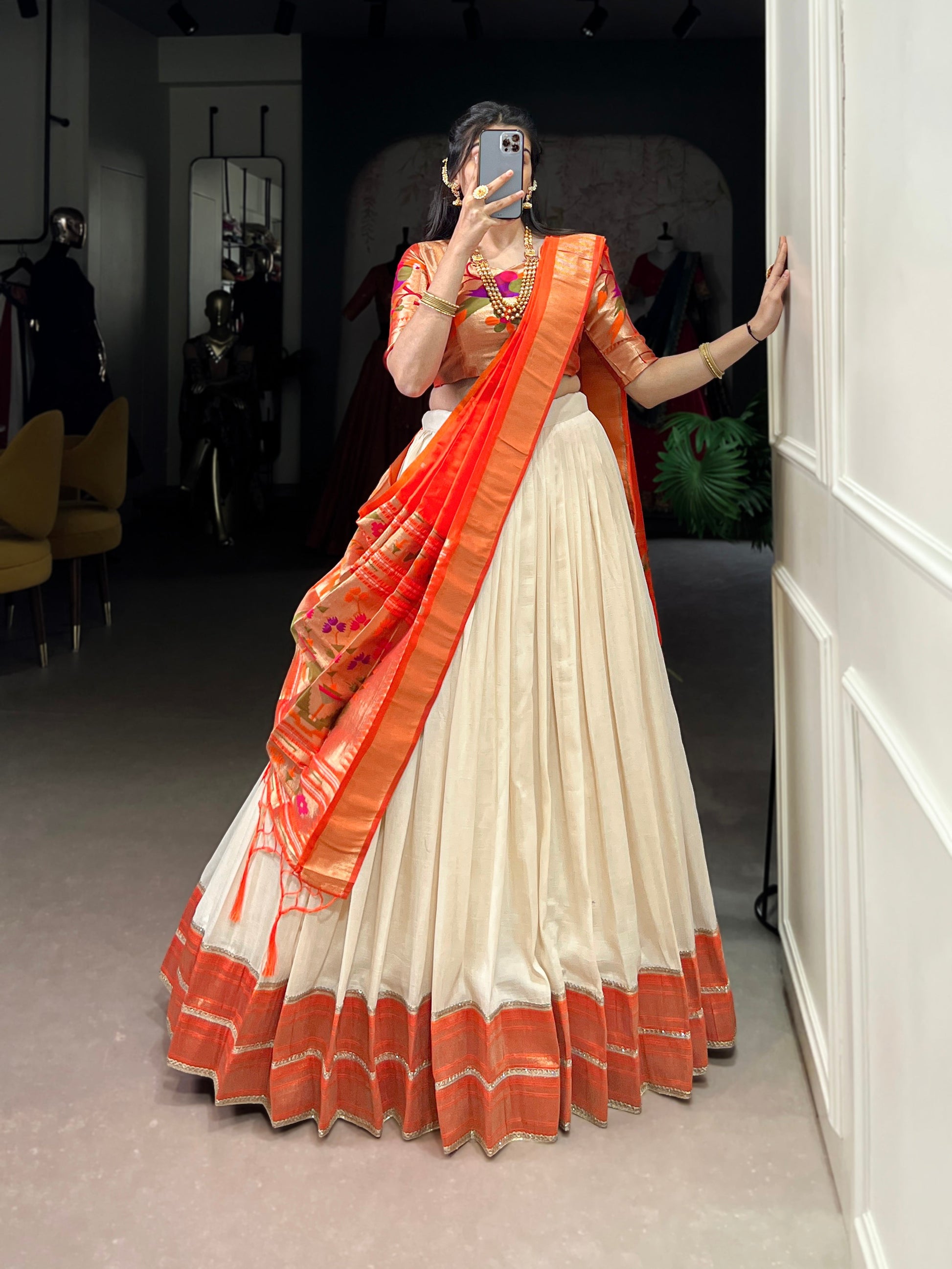 Lorenvalley Fashion Off White Vichitra Silk Zari Weaving With Lace Border Lehenga Choli with Dupatta 