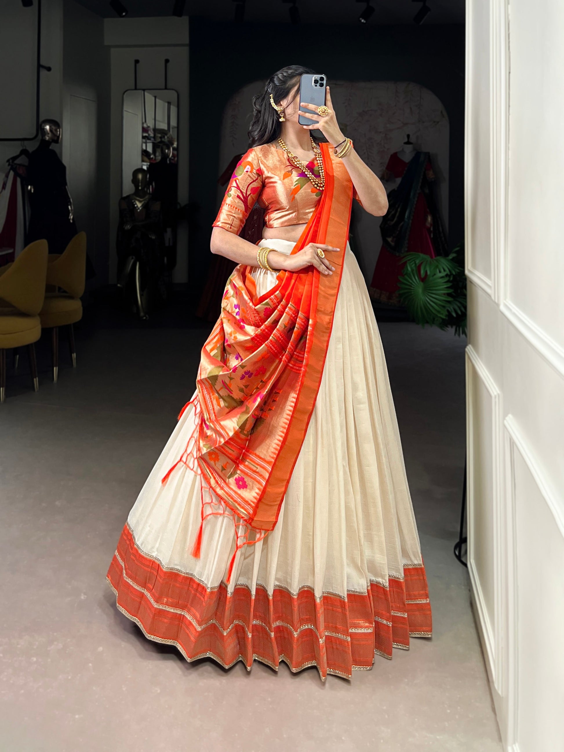 Lorenvalley Fashion Off White Vichitra Silk Zari Weaving With Lace Border Lehenga Choli with Dupatta 