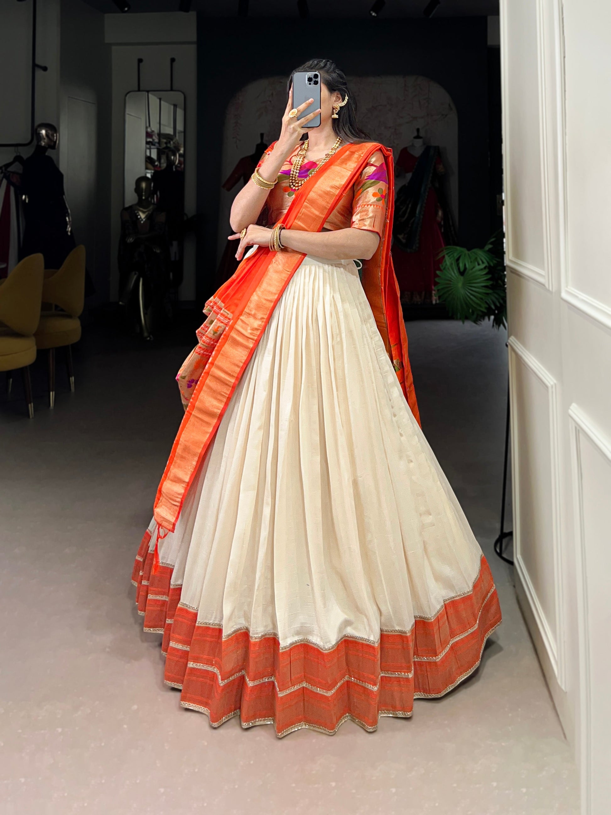 Lorenvalley Fashion Off White Vichitra Silk Zari Weaving With Lace Border Lehenga Choli with Dupatta 