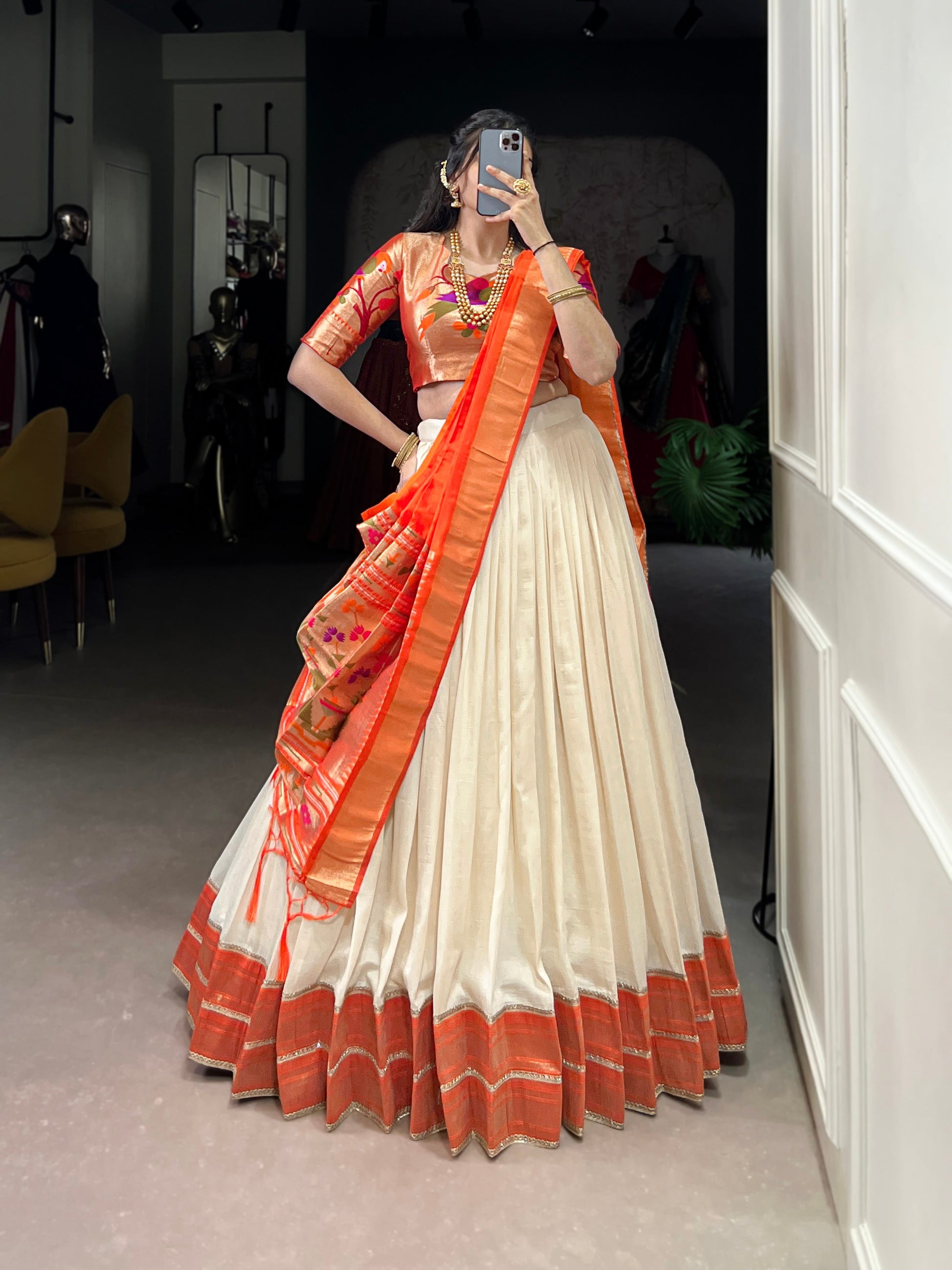 Lorenvalley Fashion Off White Vichitra Silk Zari Weaving With Lace Border Lehenga Choli with Dupatta 