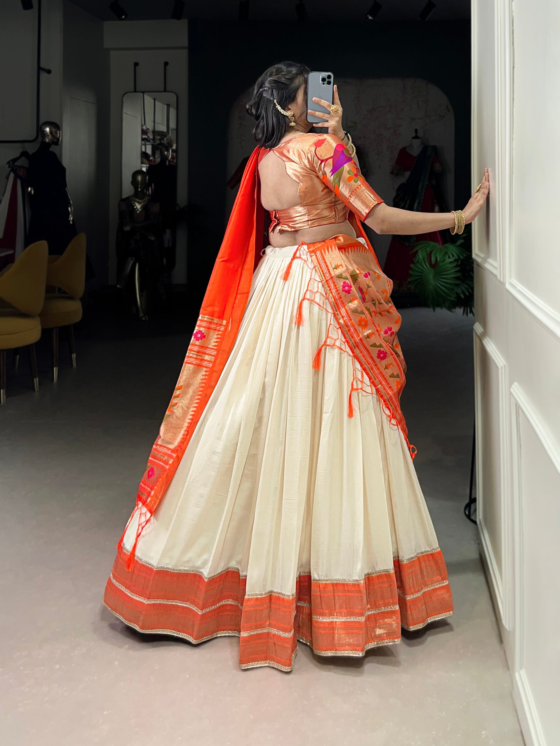 Lorenvalley Fashion Off White Vichitra Silk Zari Weaving With Lace Border Lehenga Choli with Dupatta 
