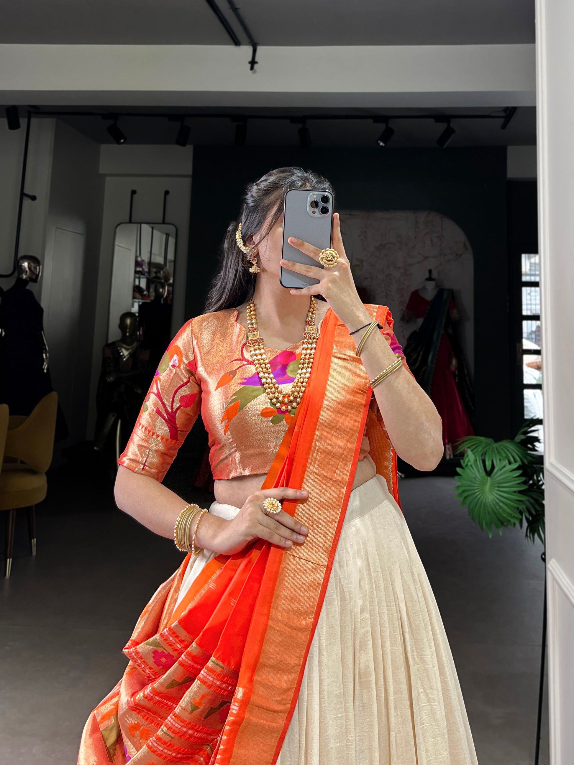 Lorenvalley Fashion Off White Vichitra Silk Zari Weaving With Lace Border Lehenga Choli with Dupatta 