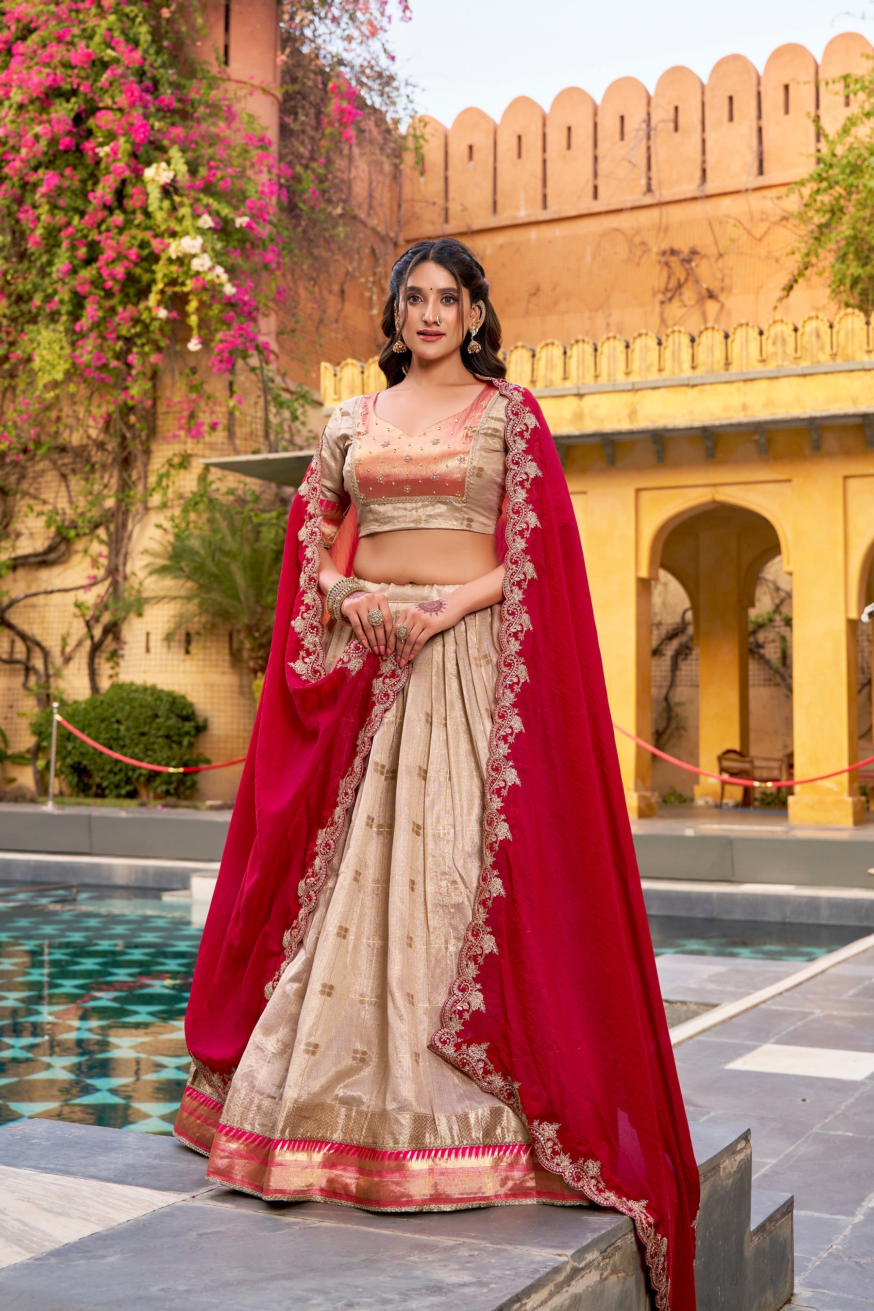 Lorenvalley Fashion Cream Slub Kota Zari Weaving Work with Paithani (Jacquard) Border Lehenga Choli with Dupatta