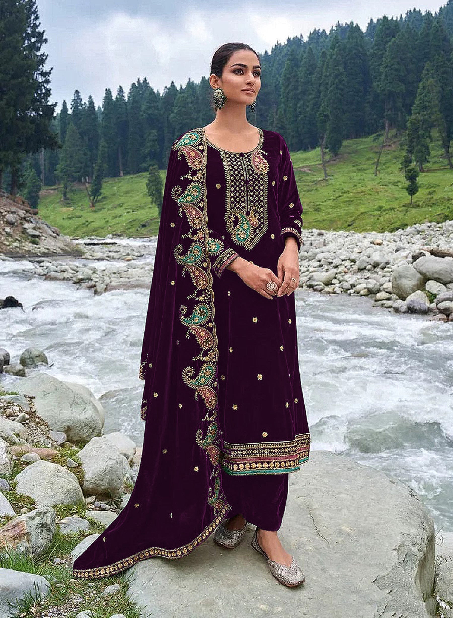 Lorenvalley Fashion Women Purple Velvet Embroidered Salwar Suit Material