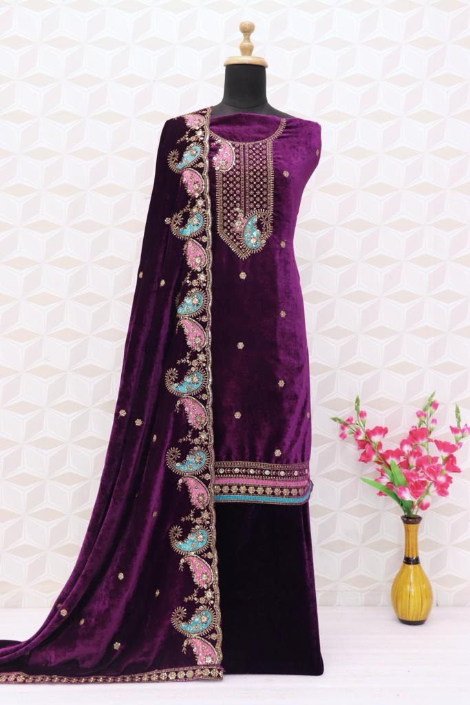 Lorenvalley Fashion Women Purple Velvet Embroidered Salwar Suit Material