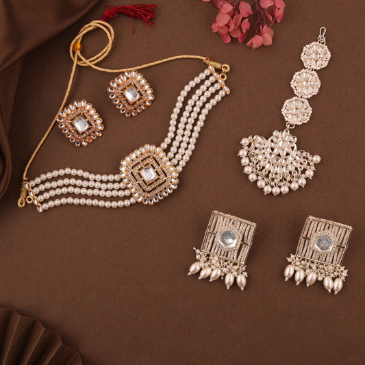 Tehzeeb Creations Fashionable Gold Necklace Earrings With Tikka Studded With Kundan And Pearl Tehzeeb Creations