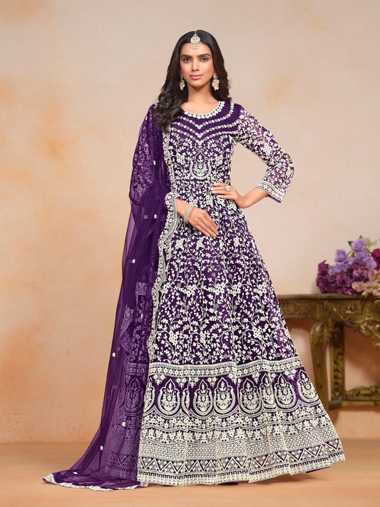 Anaita Purple Embroidered Net Anarkali Suit