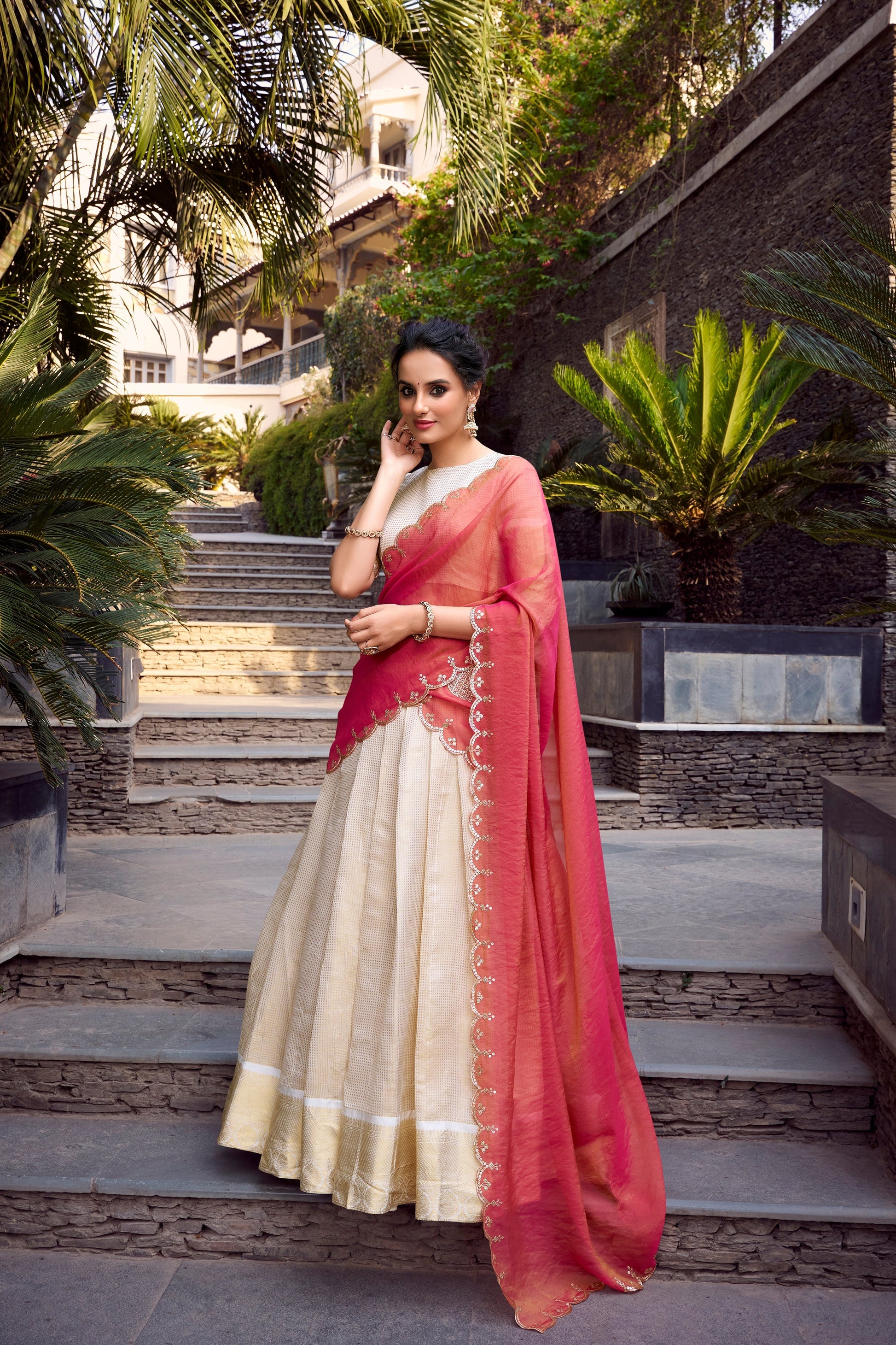 Lorenvalley Offwhite Jacquard Chex Zari Weaving Work Lehenga Choli with Dupatta 