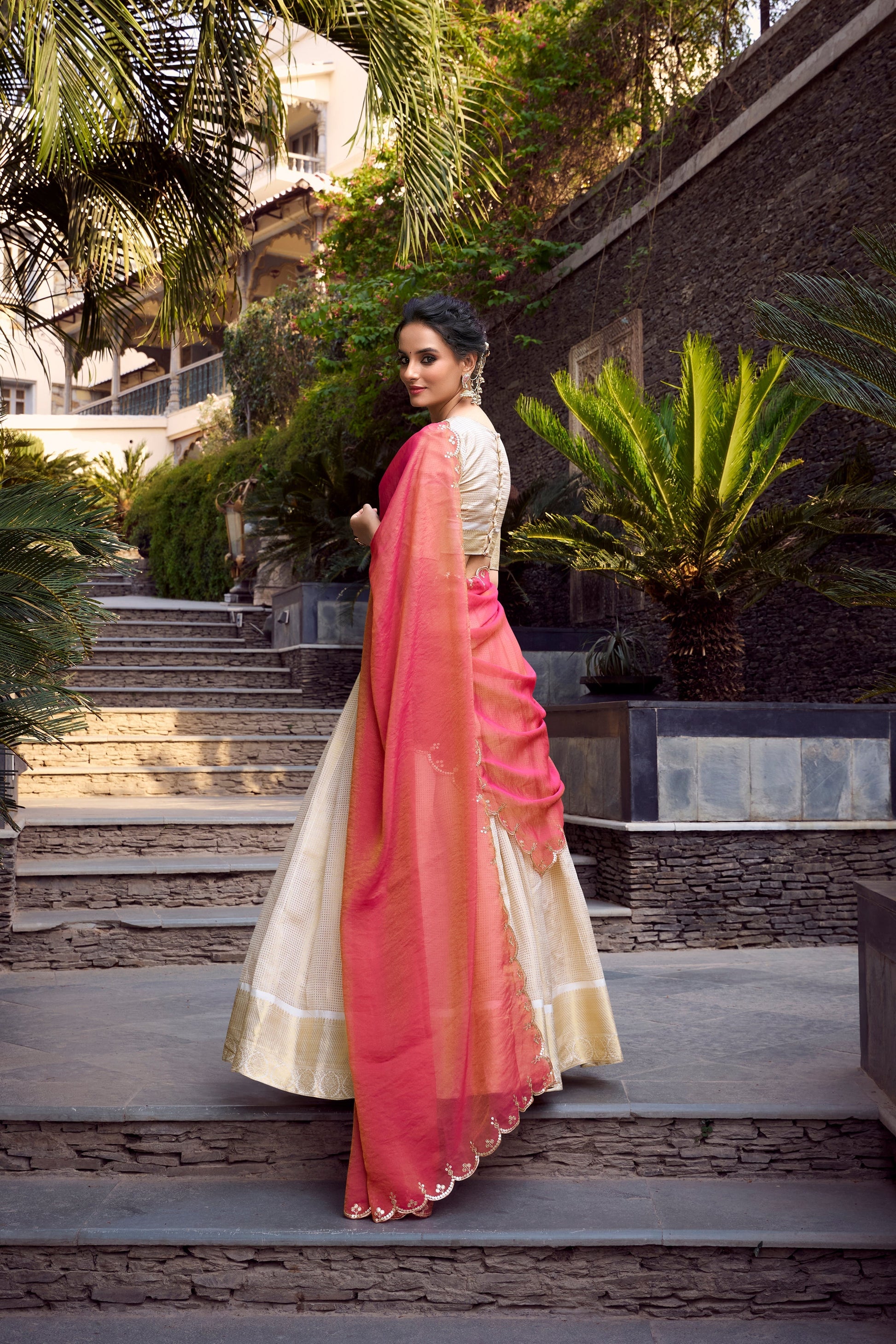 Lorenvalley Offwhite Jacquard Chex Zari Weaving Work Lehenga Choli with Dupatta 