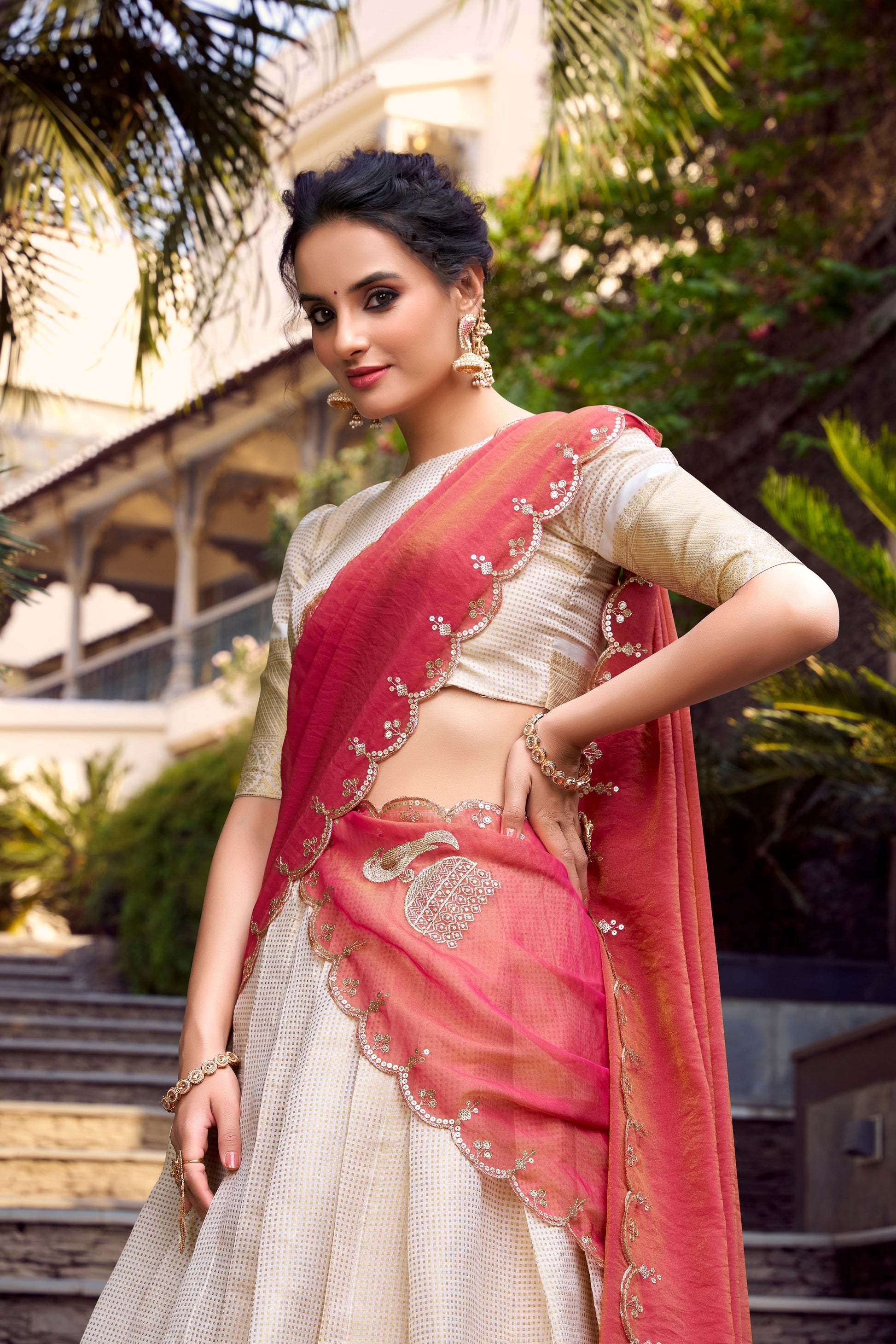 Lorenvalley Offwhite Jacquard Chex Zari Weaving Work Lehenga Choli with Dupatta 