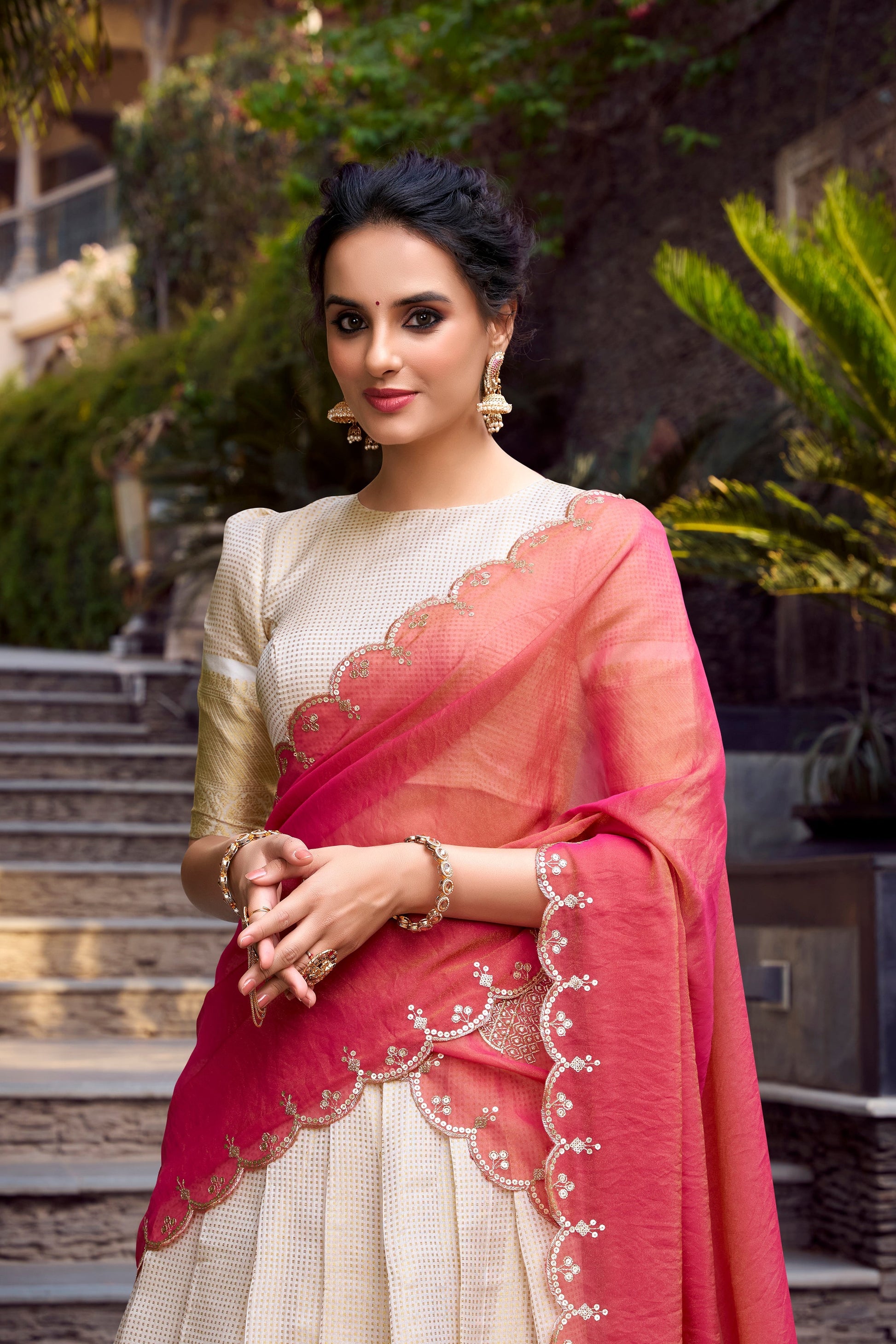 Lorenvalley Offwhite Jacquard Chex Zari Weaving Work Lehenga Choli with Dupatta 