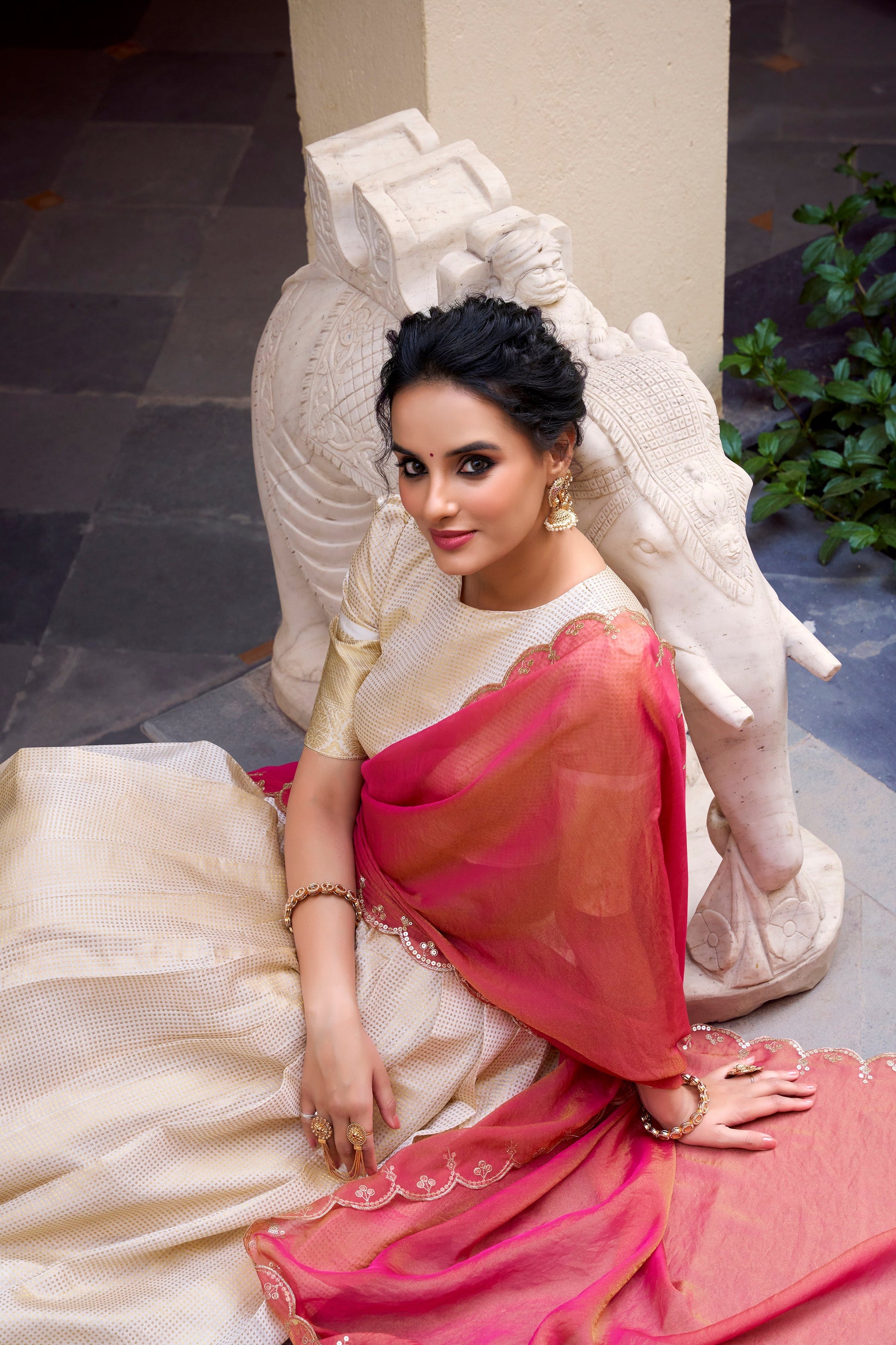 Lorenvalley Offwhite Jacquard Chex Zari Weaving Work Lehenga Choli with Dupatta 