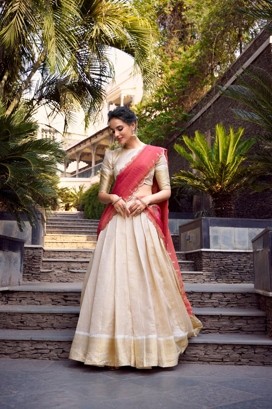 Lorenvalley Offwhite Jacquard Chex Zari Weaving Work Lehenga Choli with Dupatta 
