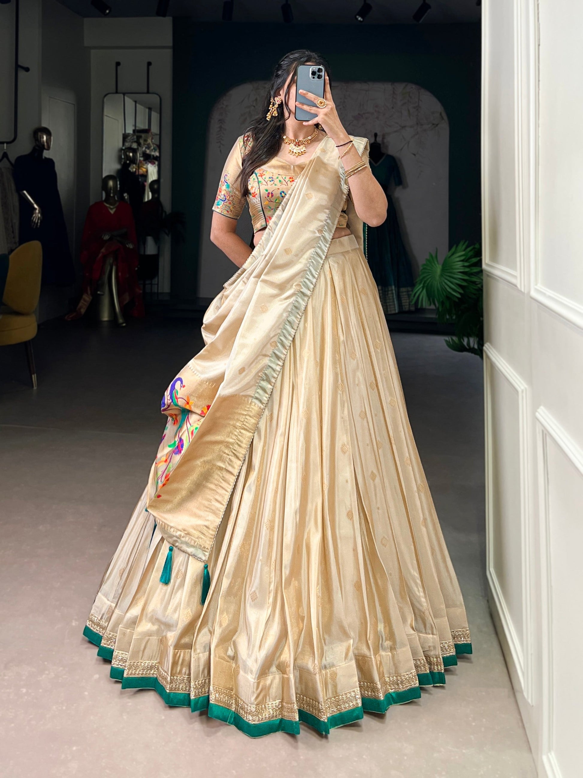 Lorenvalley Fashion Cream Shimmer Paithani Zari Weaving Work Lehenga Choli with Dupatta 