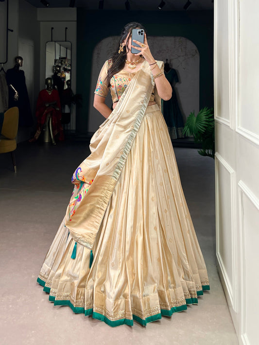 Lorenvalley Fashion Cream Shimmer Paithani Zari Weaving Work Lehenga Choli with Dupatta 