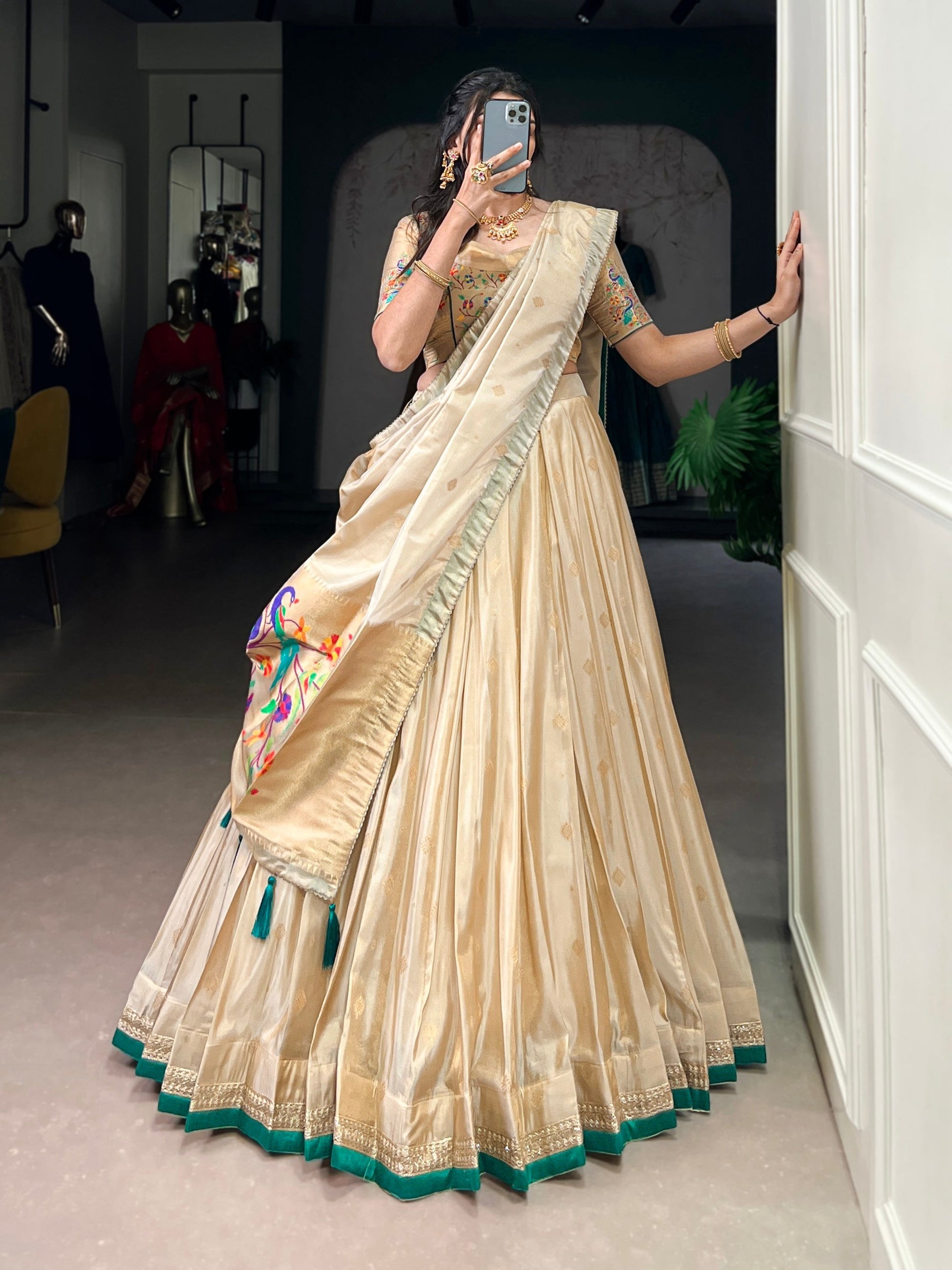 Lorenvalley Fashion Cream Shimmer Paithani Zari Weaving Work Lehenga Choli with Dupatta 