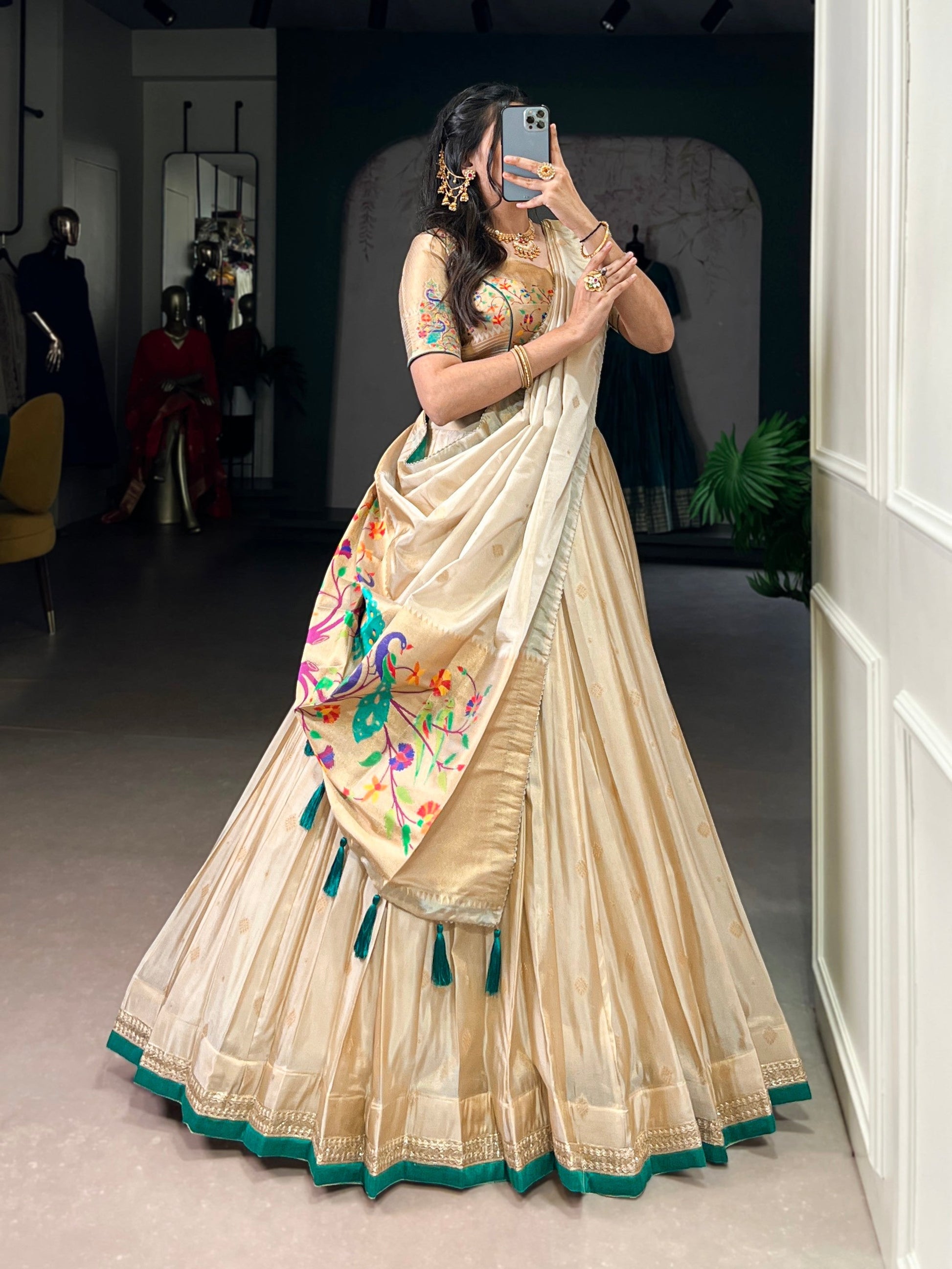 Lorenvalley Fashion Cream Shimmer Paithani Zari Weaving Work Lehenga Choli with Dupatta 