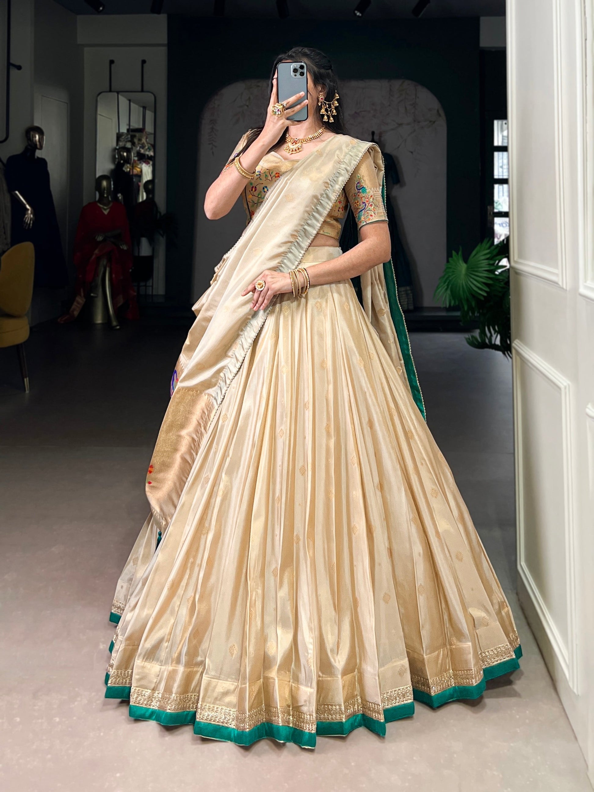 Lorenvalley Fashion Cream Shimmer Paithani Zari Weaving Work Lehenga Choli with Dupatta 