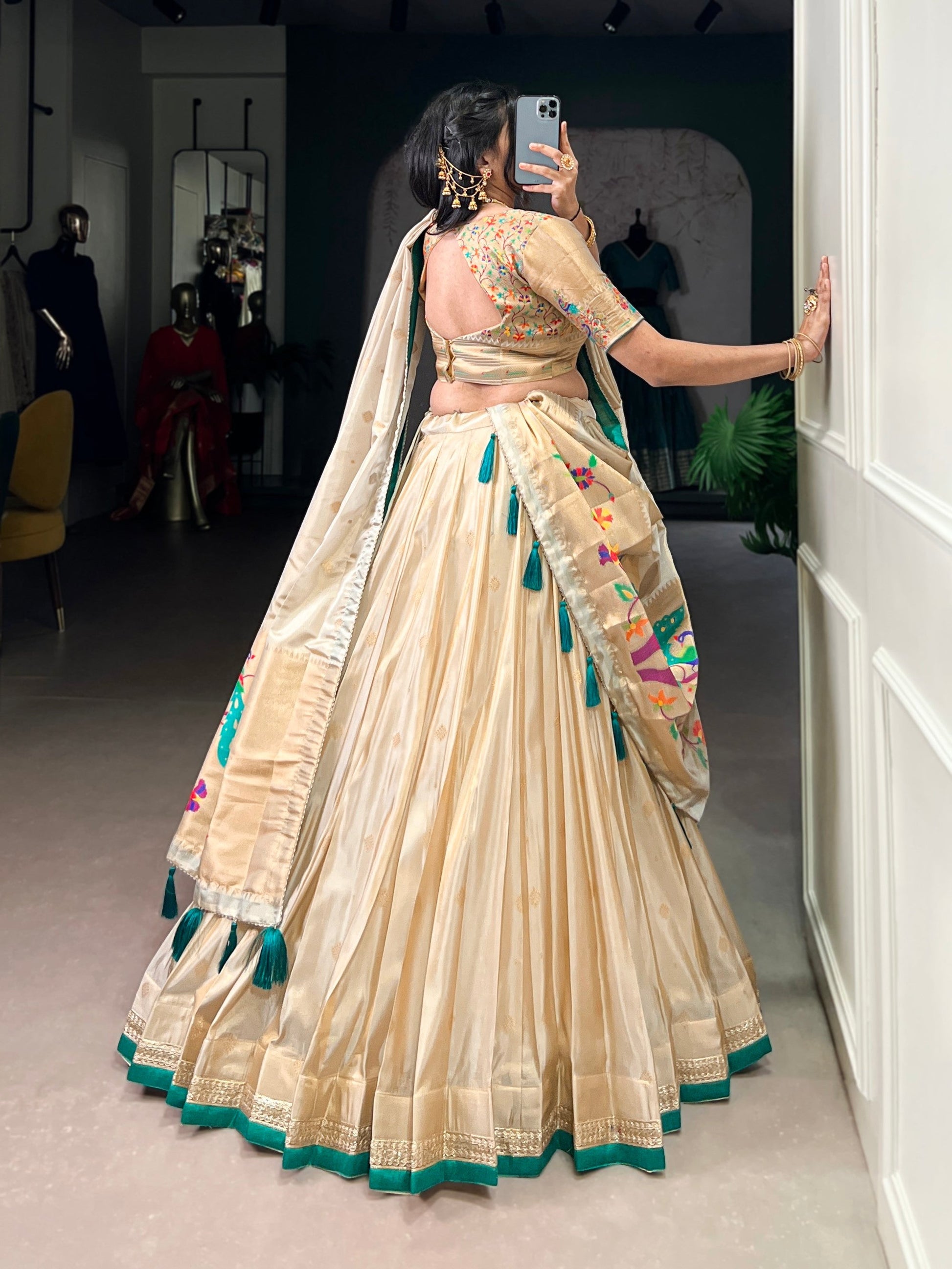 Lorenvalley Fashion Cream Shimmer Paithani Zari Weaving Work Lehenga Choli with Dupatta 