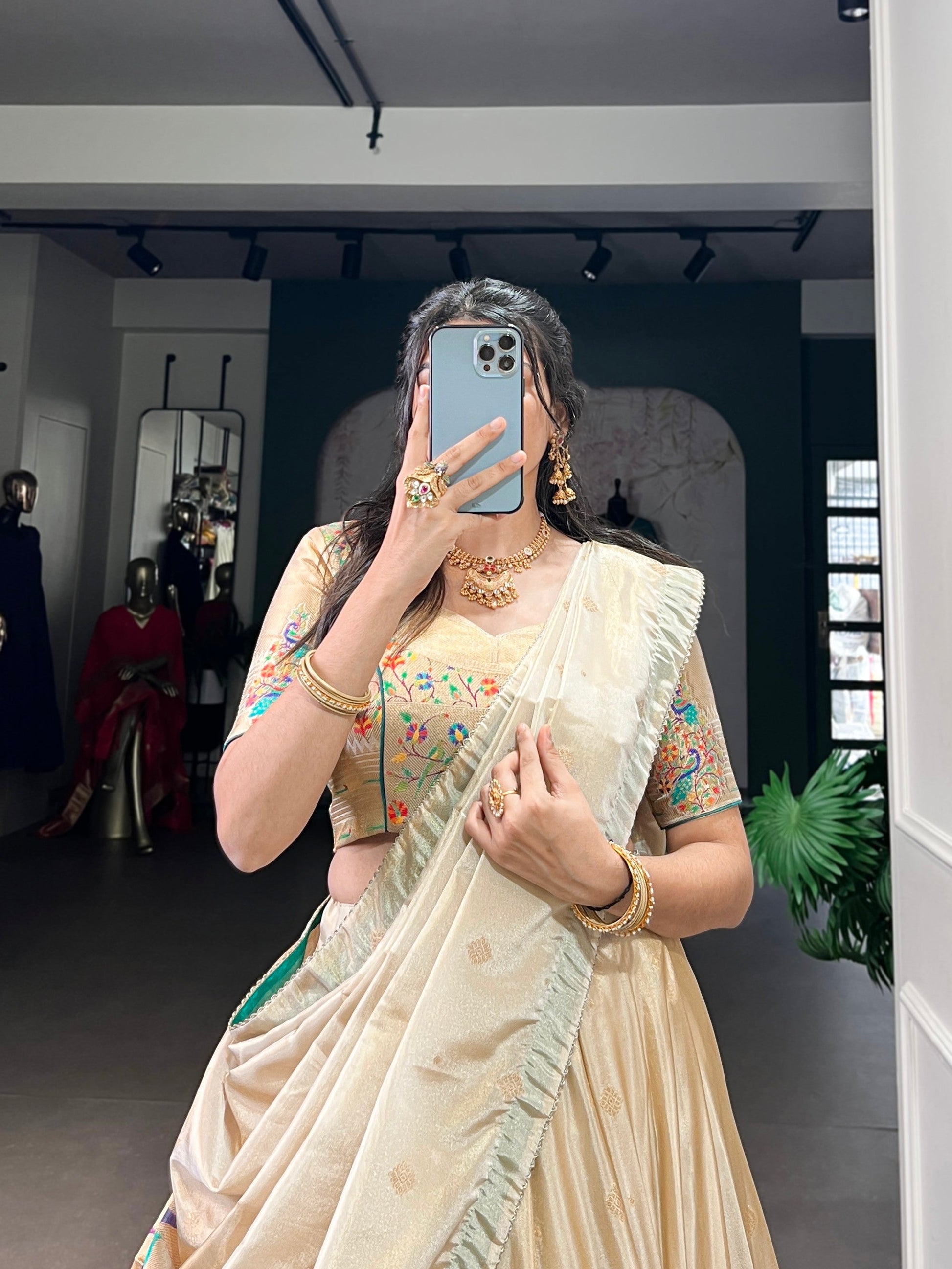 Lorenvalley Fashion Cream Shimmer Paithani Zari Weaving Work Lehenga Choli with Dupatta 