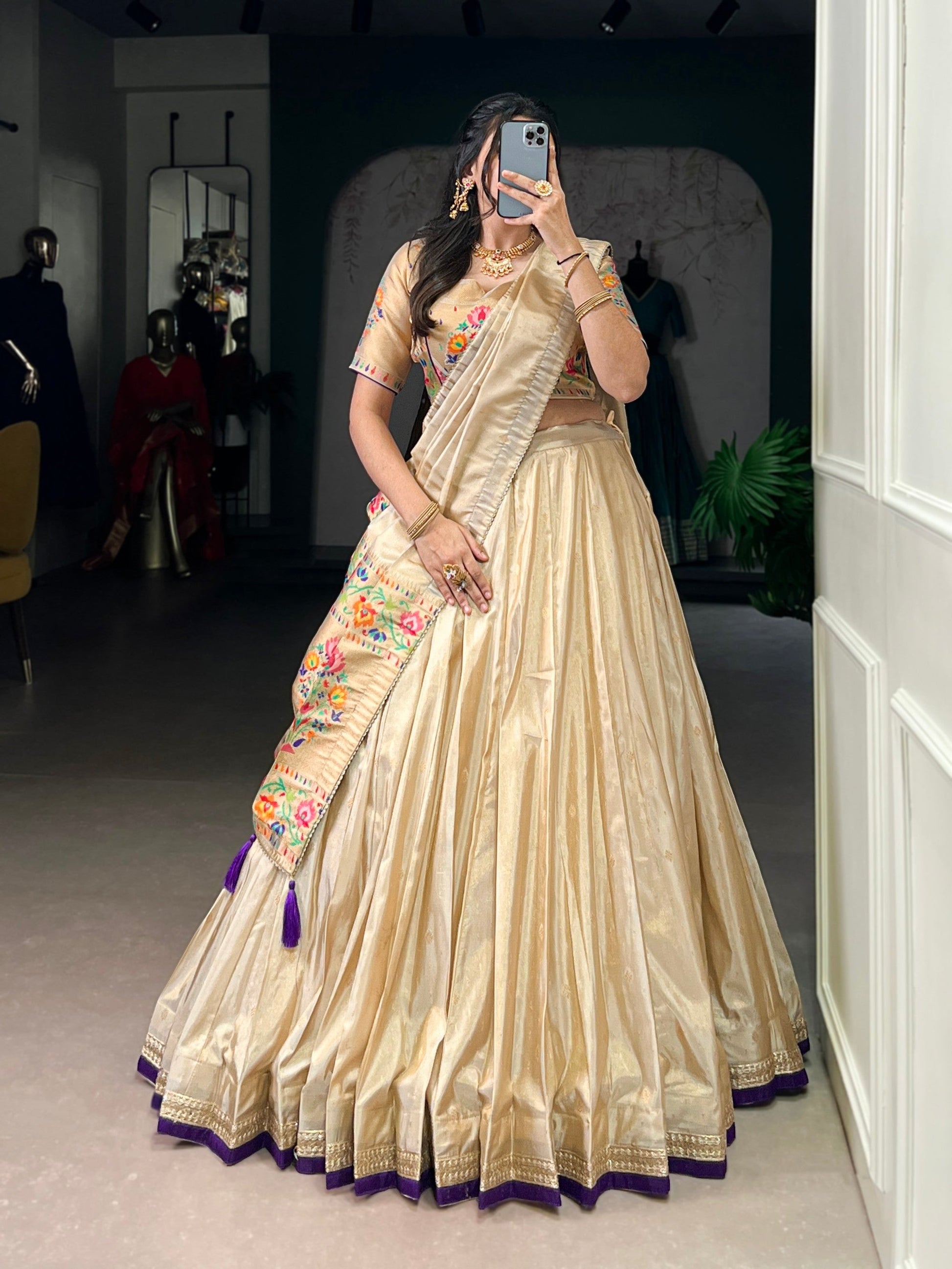 Lorenvalley Fashion Cream Shimmer Paithani Zari Weaving Work Lehenga Choli with Dupatta 
